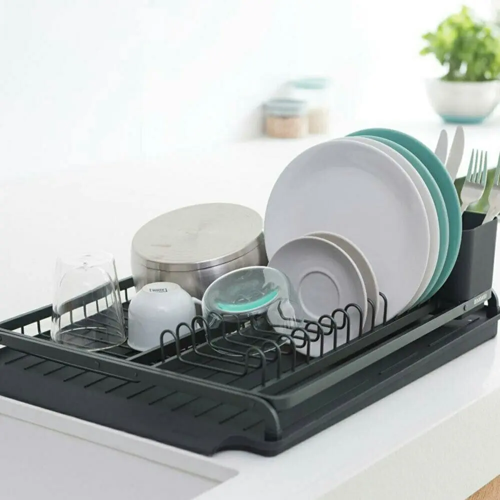 Brabantia Dish Drying Rack Kitchen Organiser w/ Utensils Holder + Drip Tray | Dark Grey