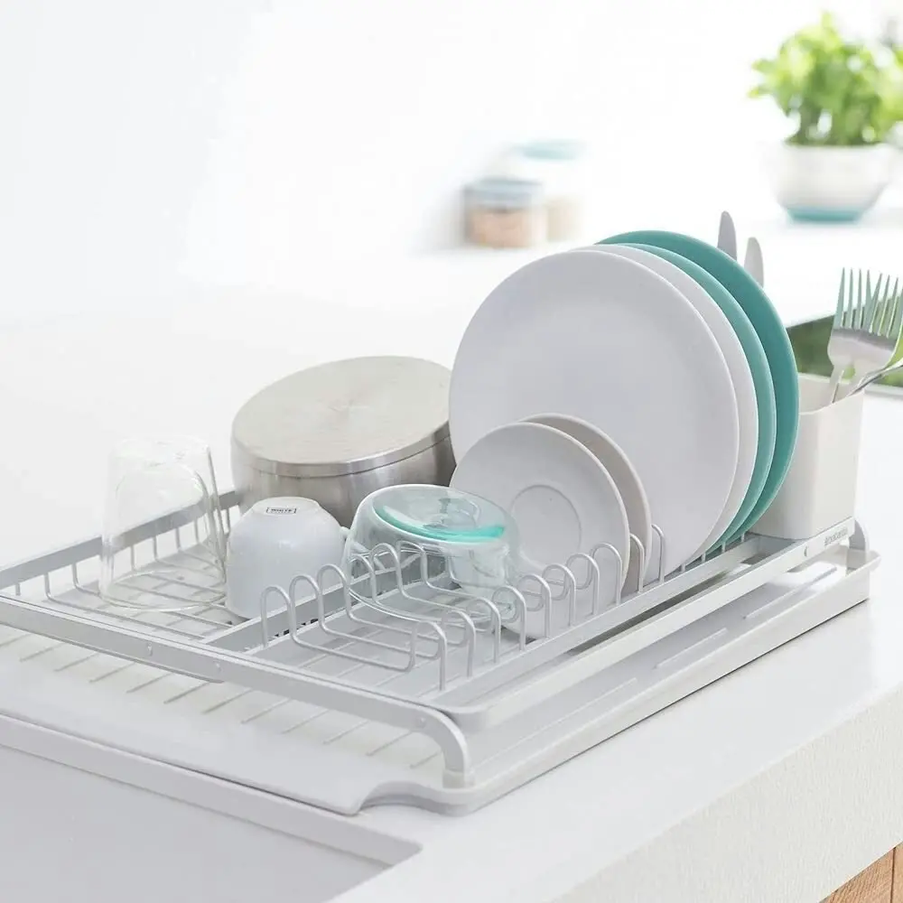 Brabantia Dish Drying Rack Kitchen Organiser w/ Utensils Holder + Drip Tray | Light Grey