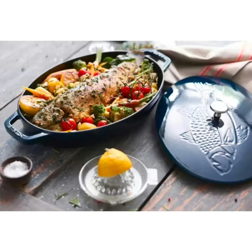 Staub Enamelled Cast Iron La Mer Oval Fish Dish 32cm | Blue