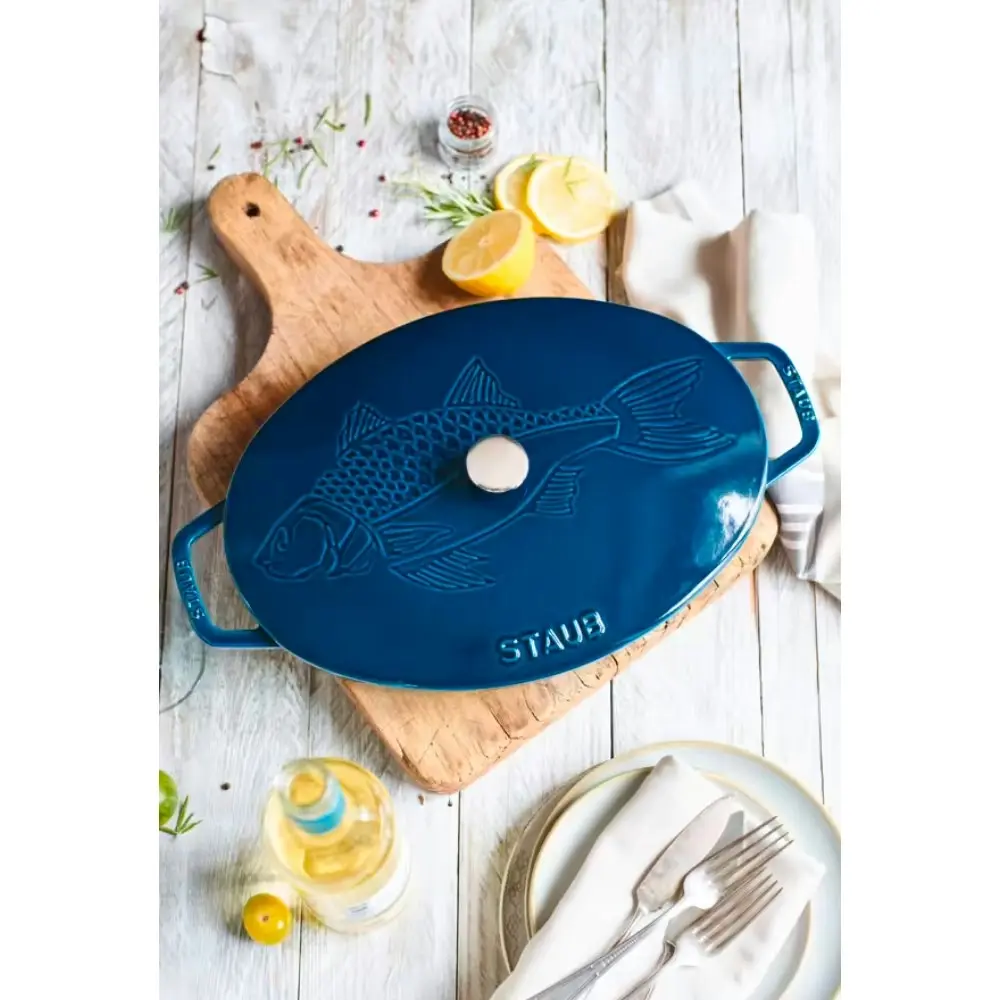 Staub Enamelled Cast Iron La Mer Oval Fish Dish 32cm | Blue