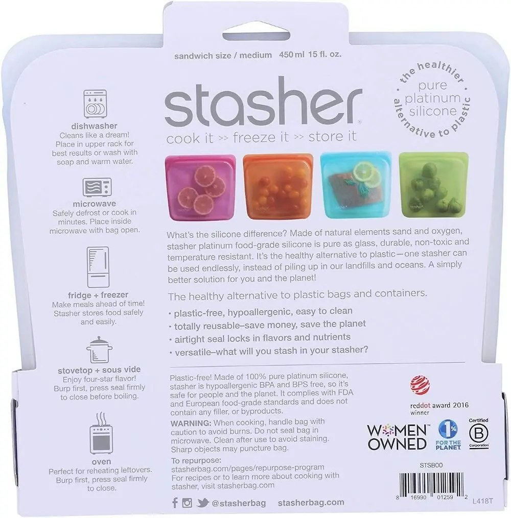 Stasher 3pc Sandwich Reusable Snack Bag Cook Freeze Store 3 In 1 | Aqua 828ml