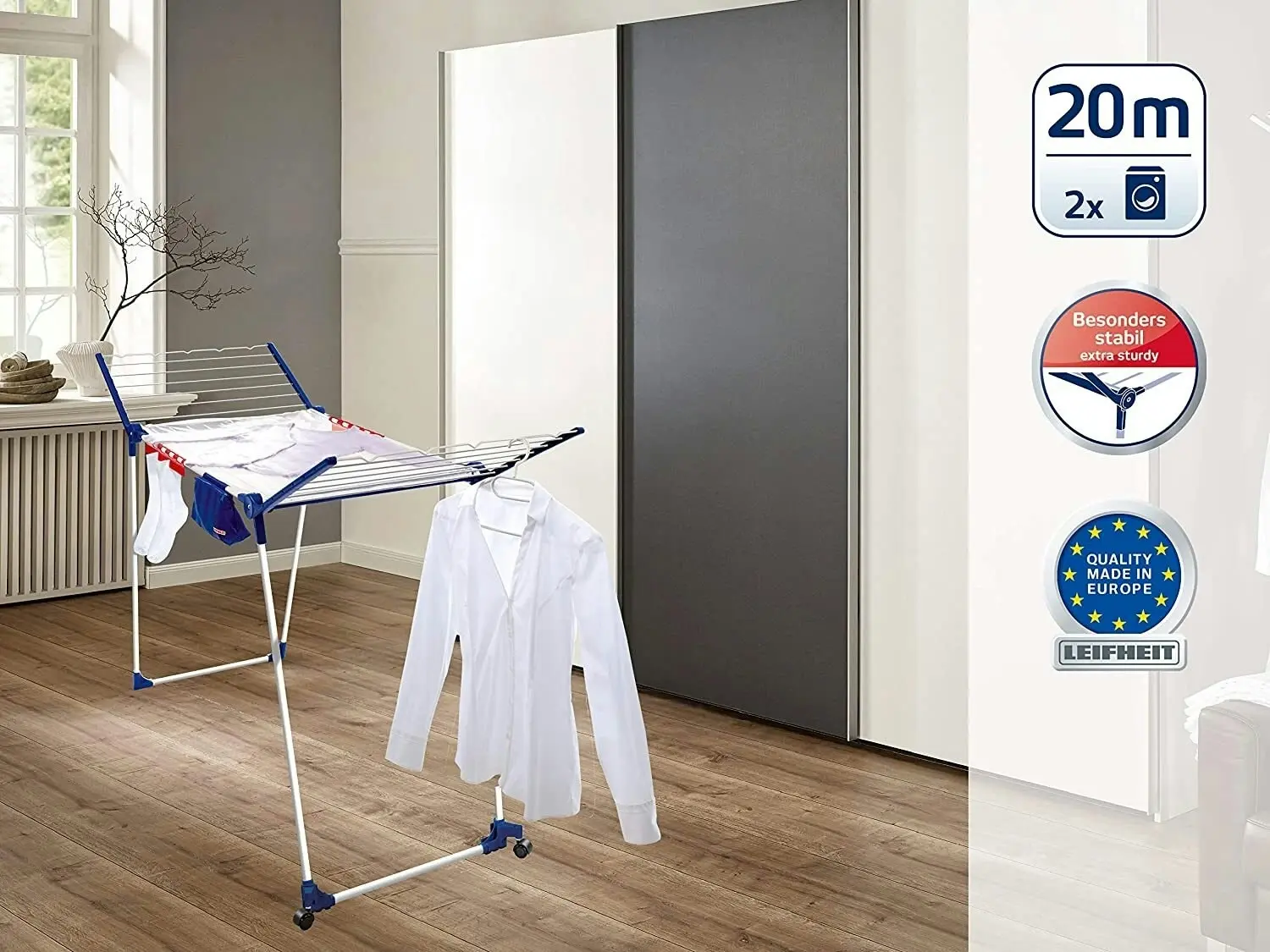 Leifheit Pegasus 200 Solid Deluxe Mobile 20M Clothes Airer | Foldable Indoor Outdoor