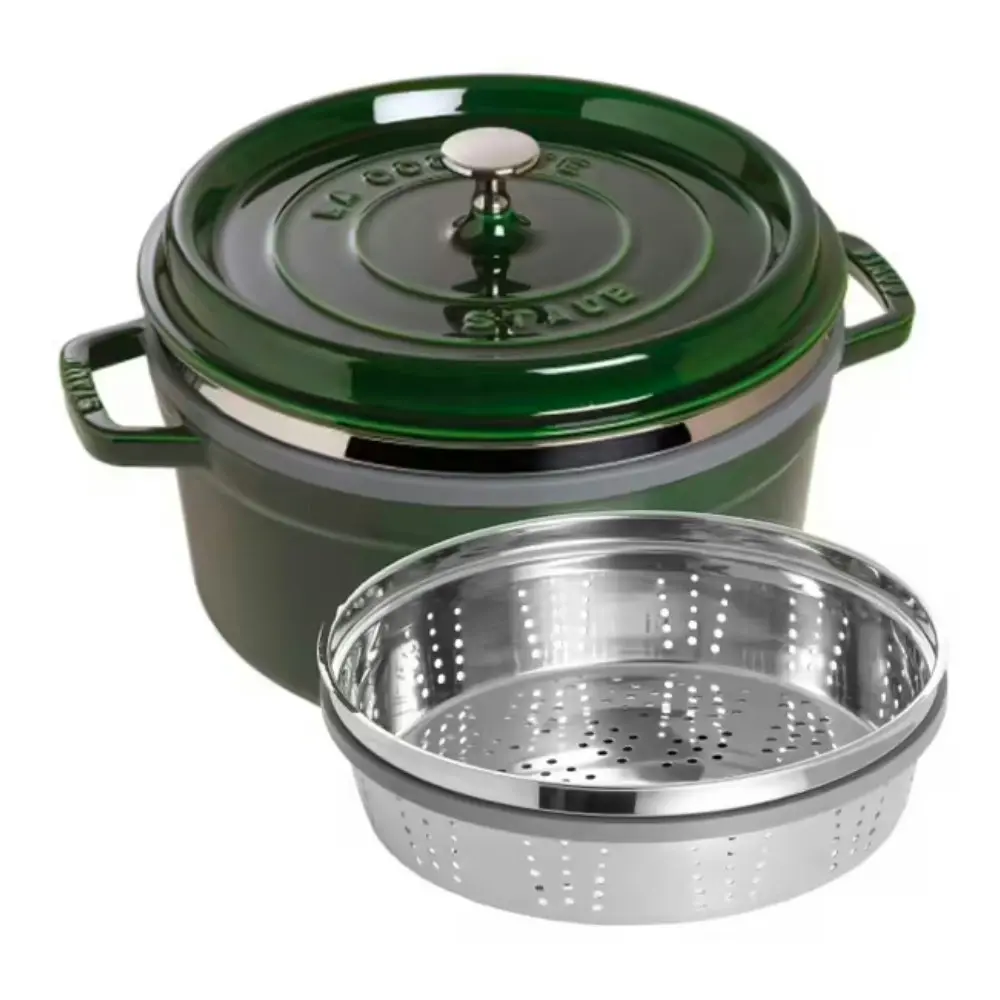 Staub Round Cast Iron Cocotte with Steamer 26cm | Basil Green