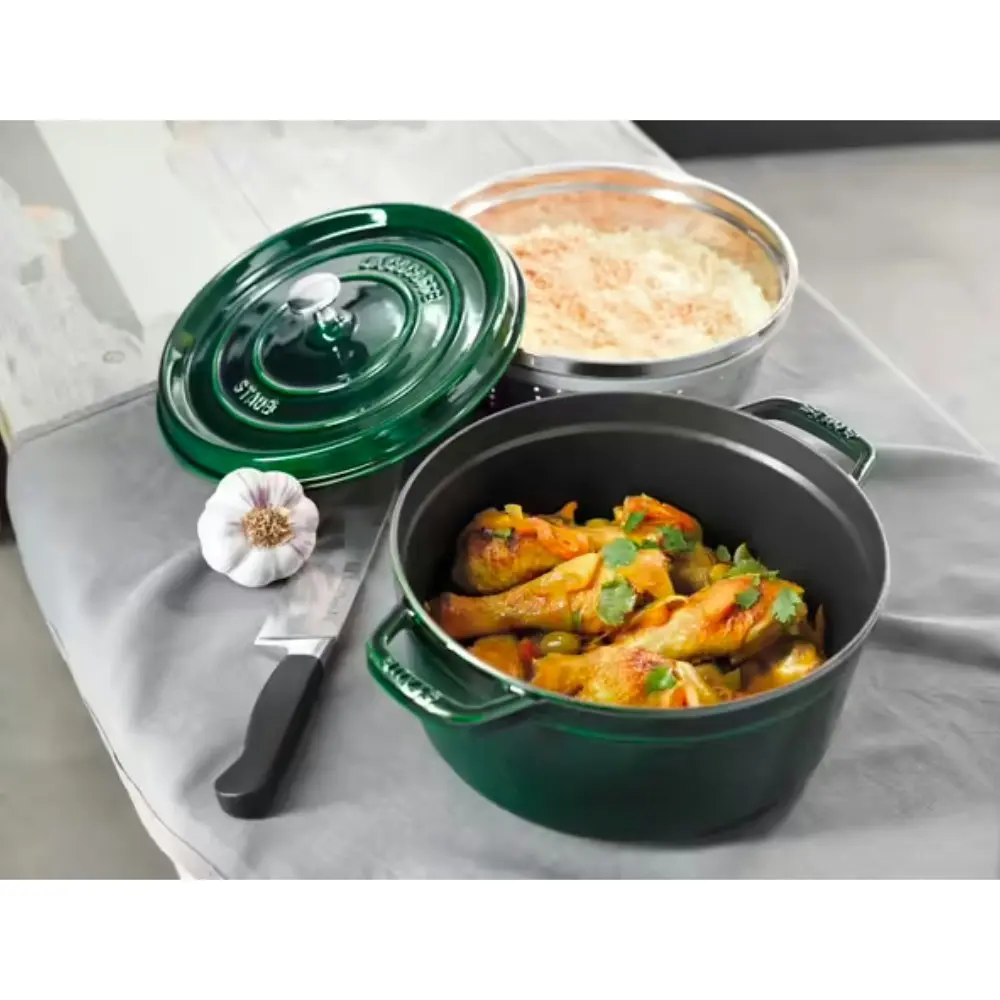 Staub Round Cast Iron Cocotte with Steamer 26cm | Basil Green