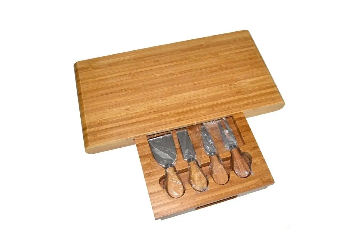 Stanley Rogers Cheese Board 5pc Set Large Bamboo Chopping Block & Cutlery