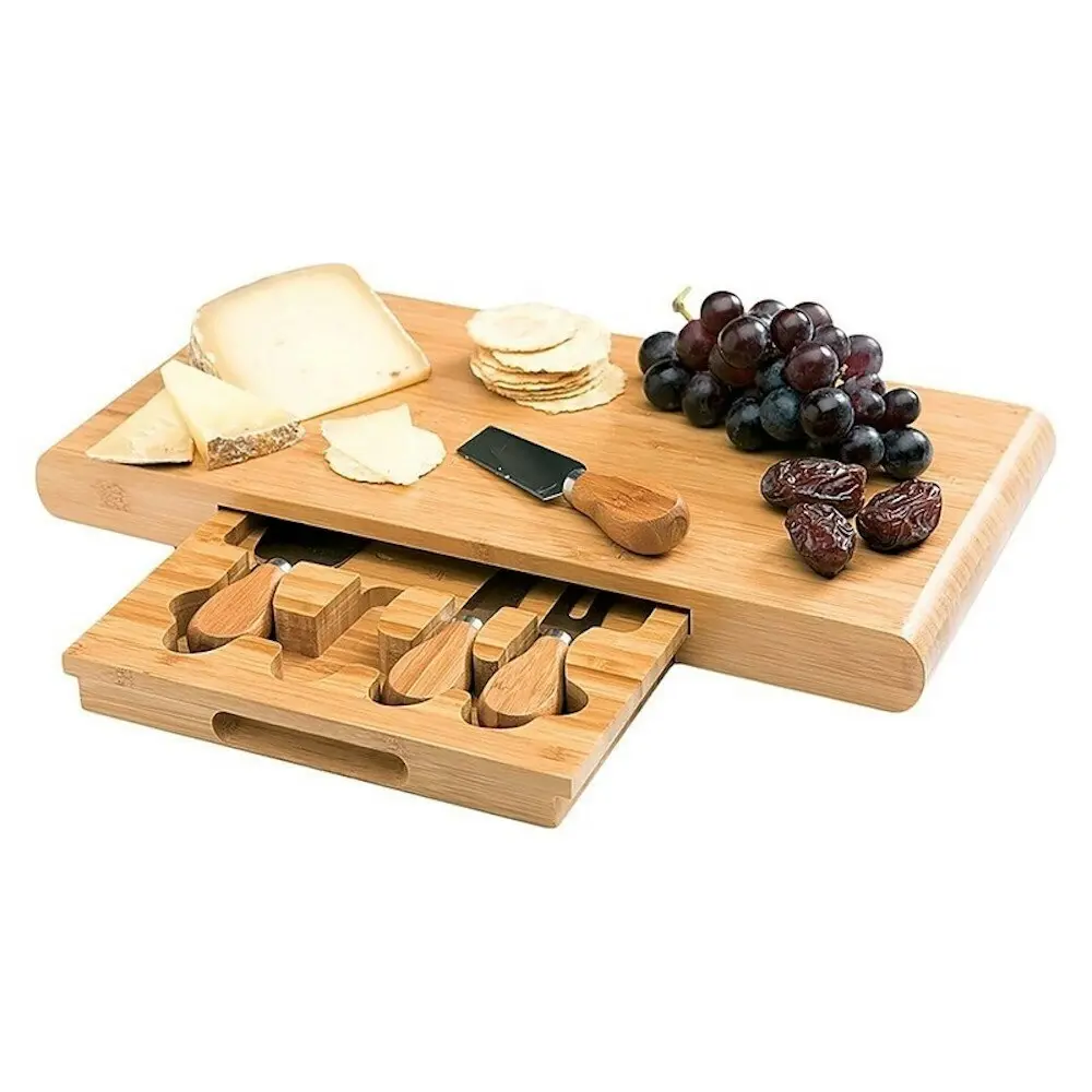 Stanley Rogers Cheese Board 5pc Set Large Bamboo Chopping Block & Cutlery