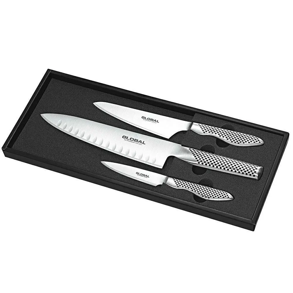 Global 3pc Kitchen Knife Set | 9cm Paring , 20cm Cooks Fluted , 13cm Cooks | 79630