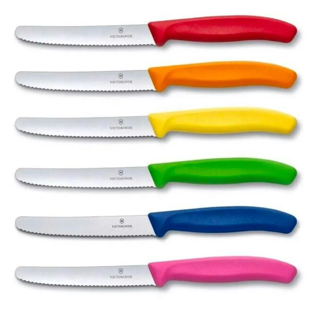 6 x Victorinox SERRATED PISTOL GRIP STEAK TOMATO SAUSAGE KNIVES COLOURFUL 11CM