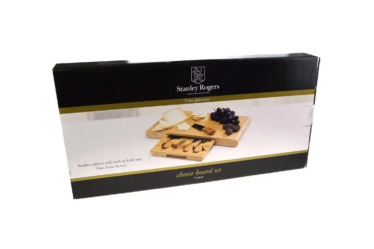 Stanley Rogers Cheese Board 5pc Set | Large Bamboo Chopping Block + Cutlery