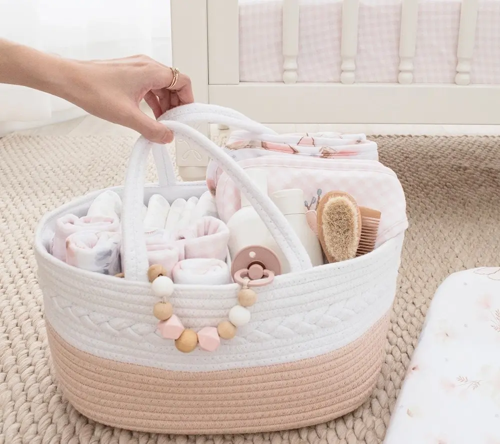 Living Textiles 100% Cotton Rope Nappy Caddy - Blush/White