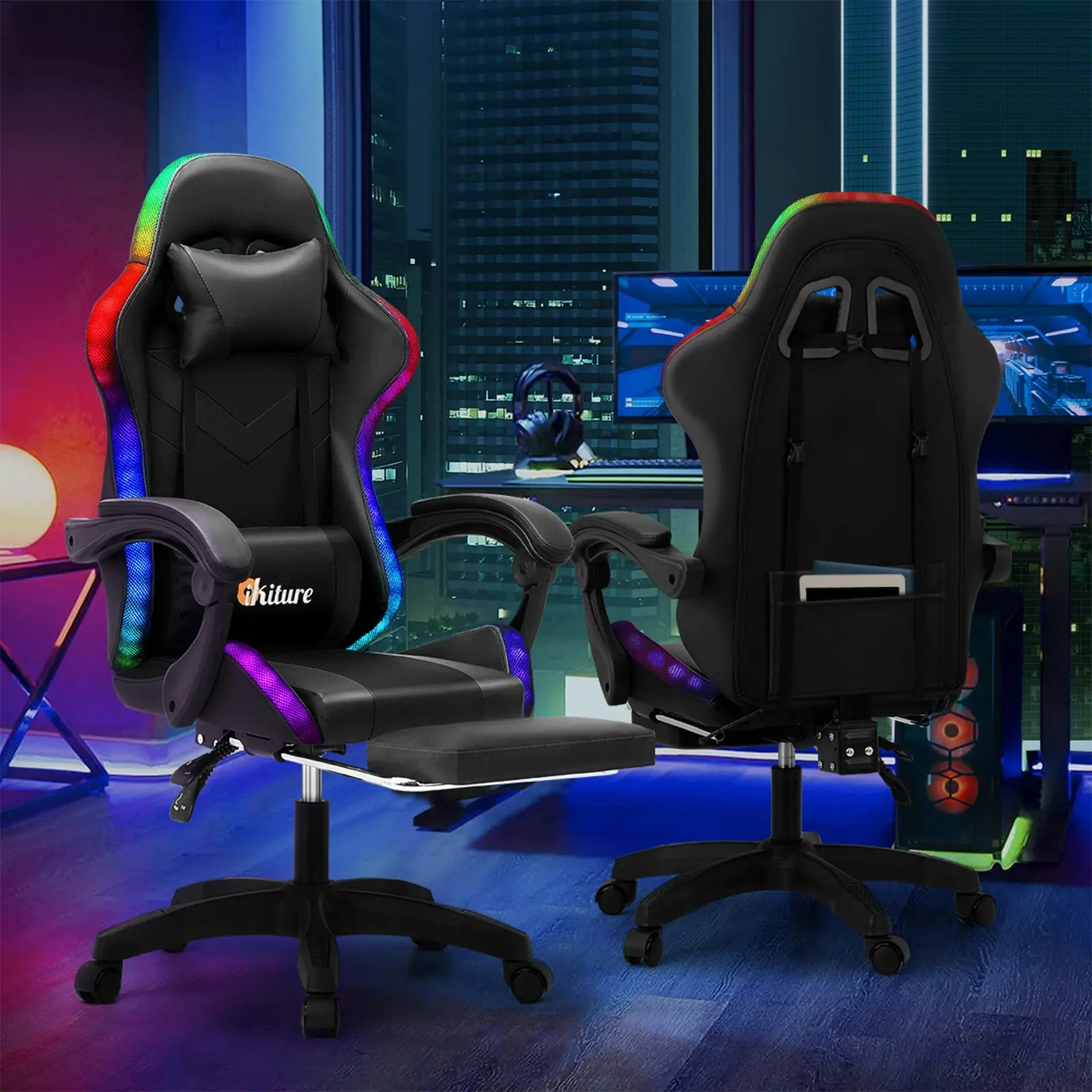 Oikiture Gaming Chair Massage Racing RGB LED Recliner Office Leather Footrest