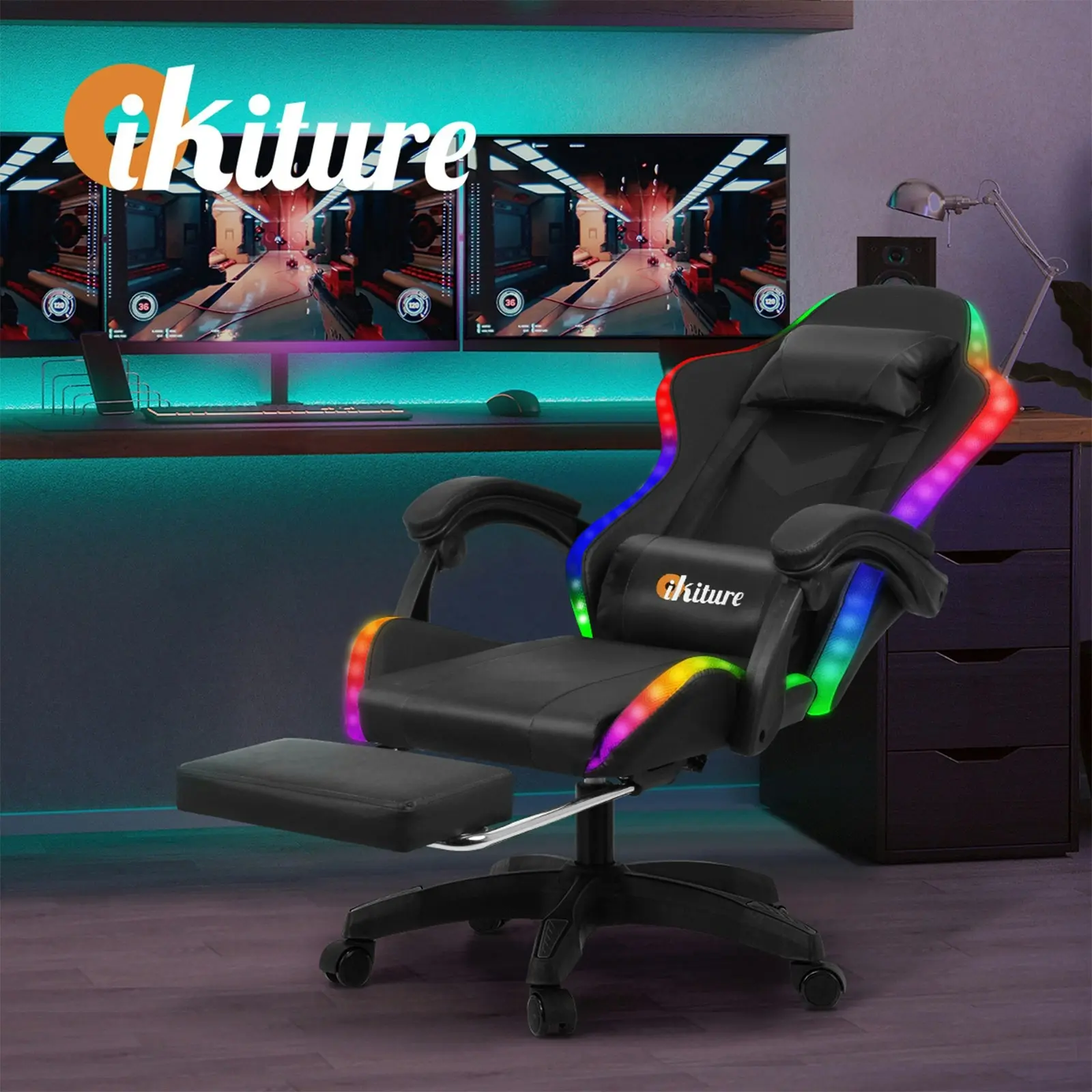 Oikiture Gaming Chair Massage Racing RGB LED Recliner Office Leather Footrest