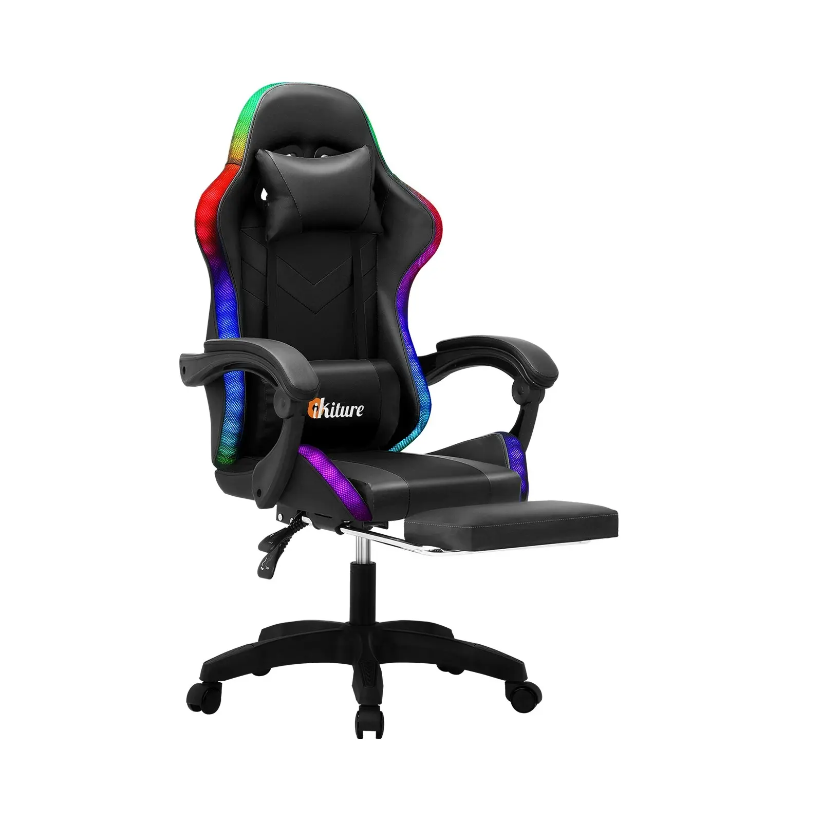 Oikiture Gaming Chair Massage Racing RGB LED Recliner Office Leather Footrest