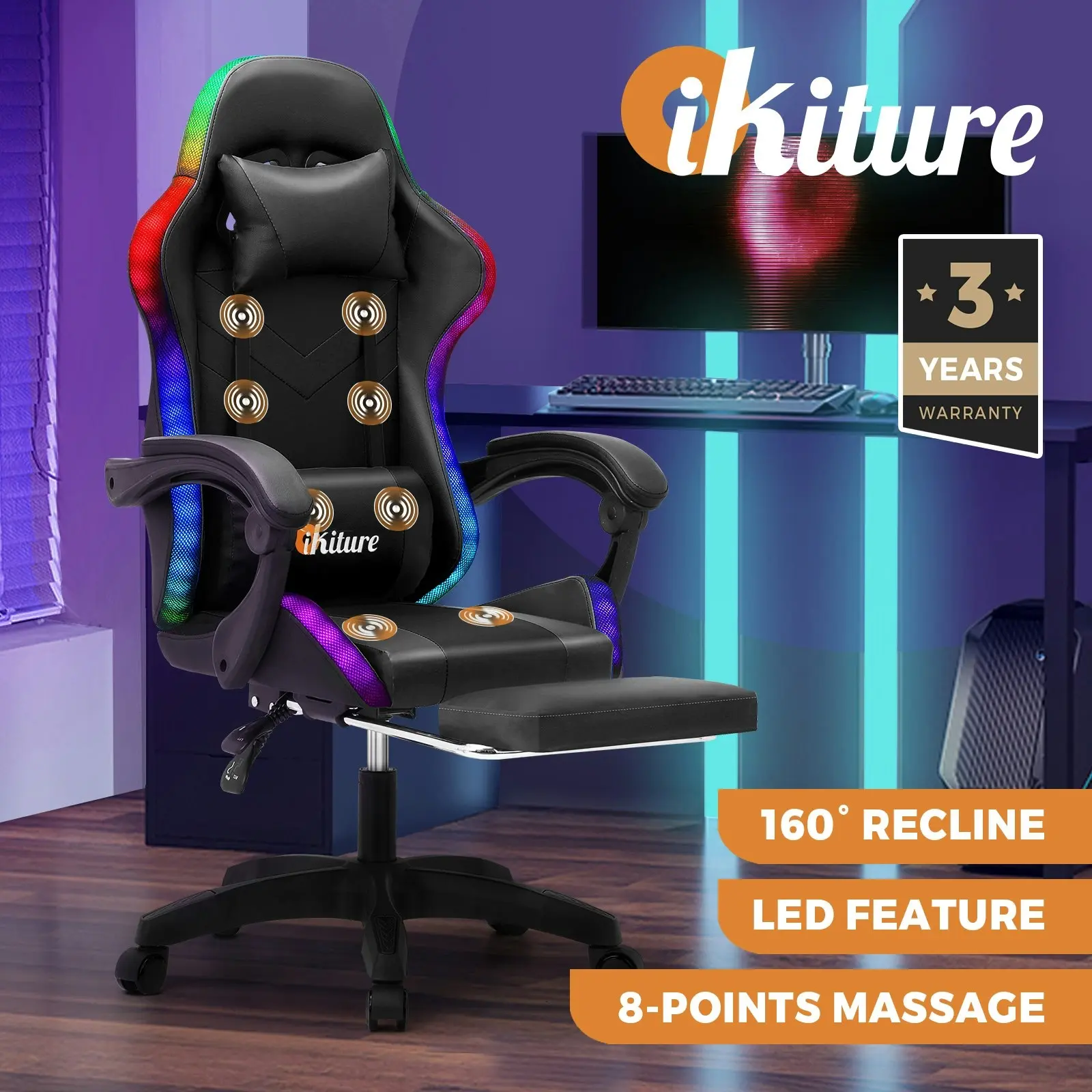 Oikiture Gaming Chair Massage Racing RGB LED Recliner Office Leather Footrest