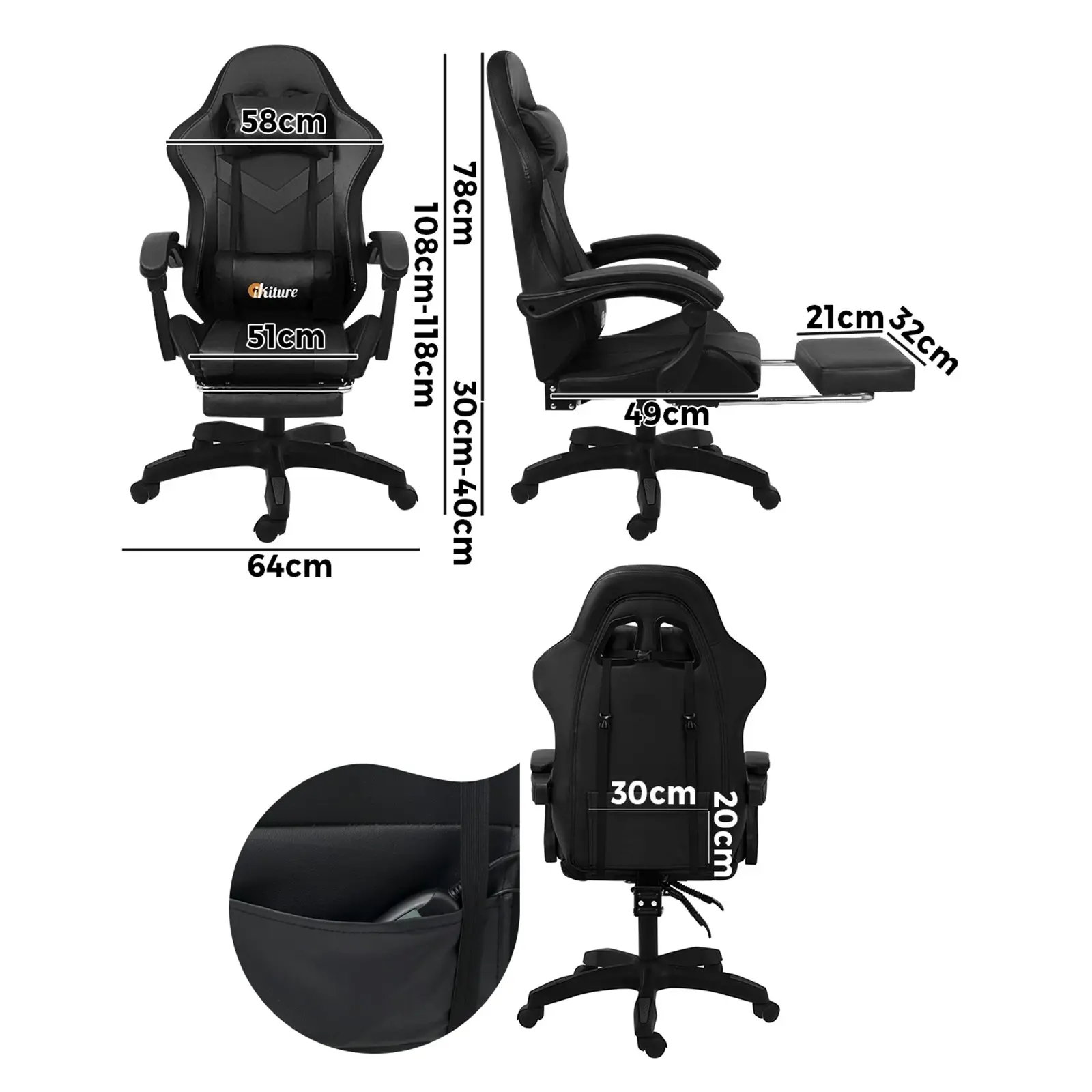 Oikiture Gaming Chair Massage Racing RGB LED Recliner Office Leather Footrest