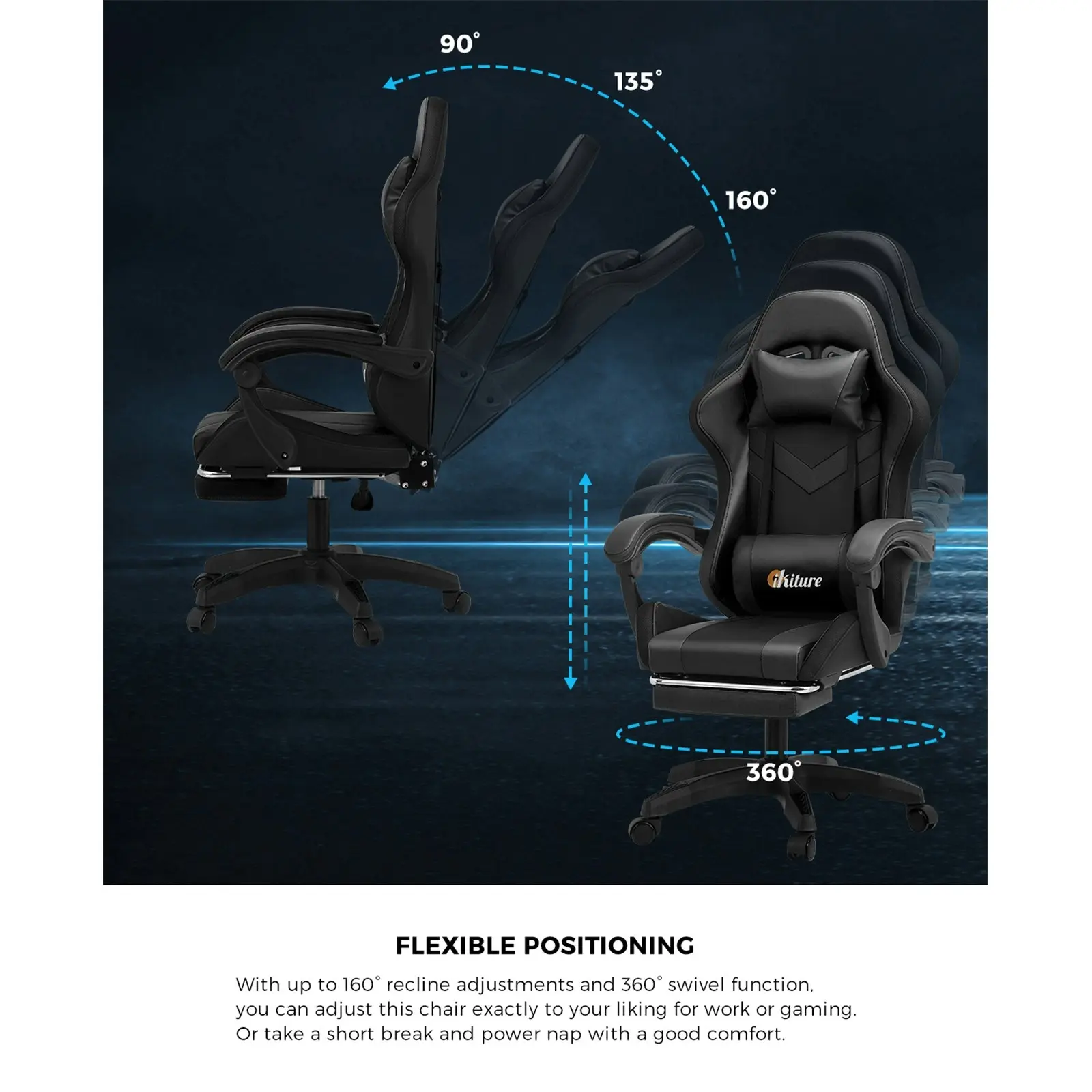 Oikiture Gaming Chair Massage Racing RGB LED Recliner Office Leather Footrest