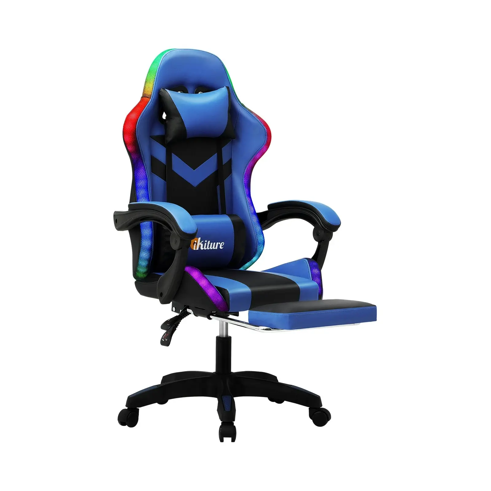 Oikiture Gaming Chair 7 RGB LED Massage Racing Recliner Office Computer Footrest