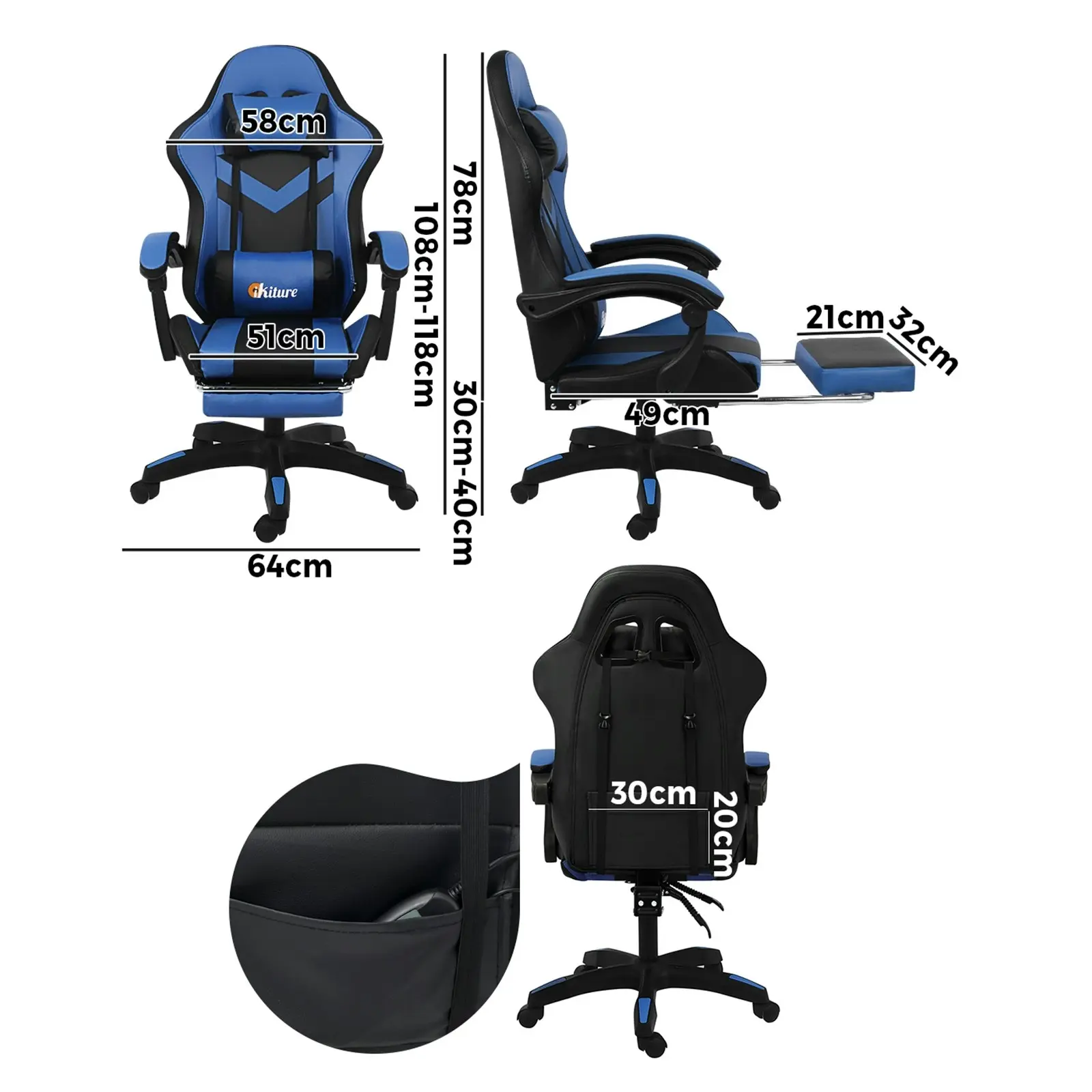 Oikiture Gaming Chair 7 RGB LED Massage Racing Recliner Office Computer Footrest