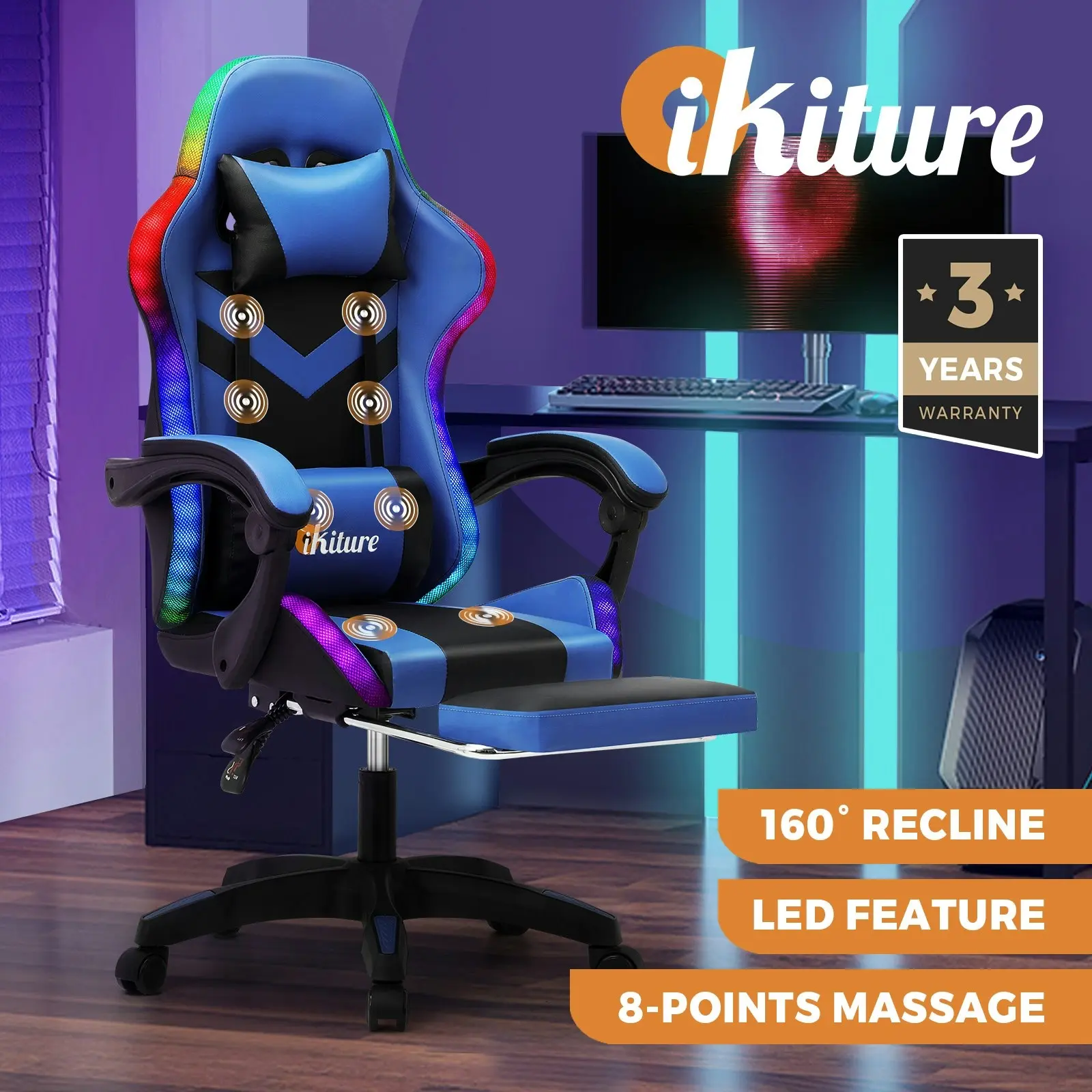 Oikiture Gaming Chair 7 RGB LED Massage Racing Recliner Office Computer Footrest