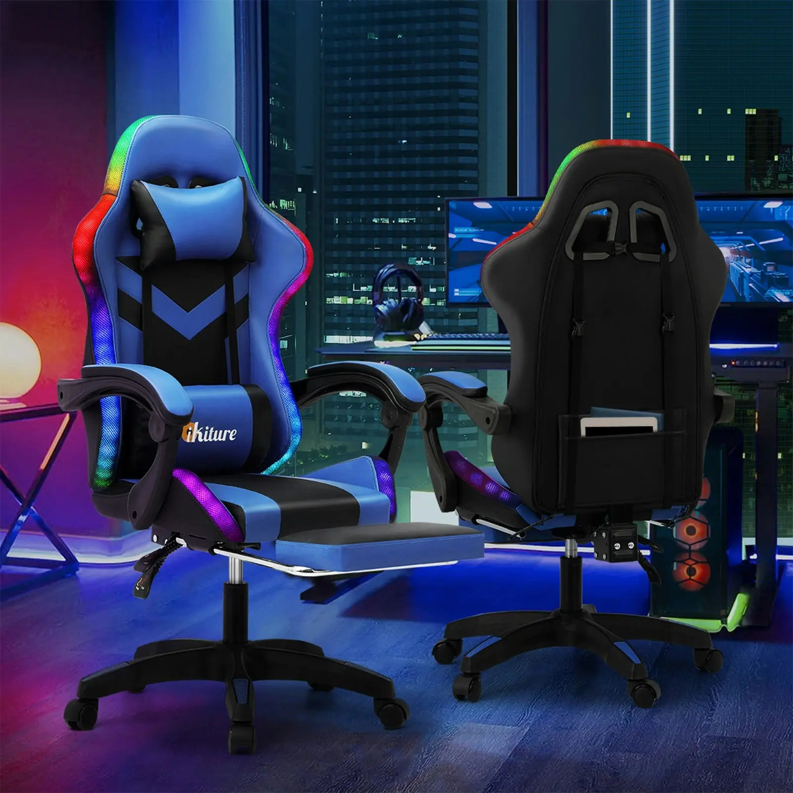 Oikiture Gaming Chair 7 RGB LED Massage Racing Recliner Office Computer Footrest