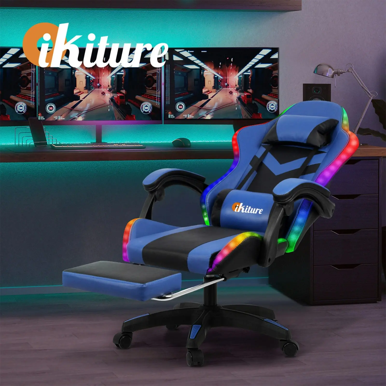 Oikiture Gaming Chair 7 RGB LED Massage Racing Recliner Office Computer Footrest