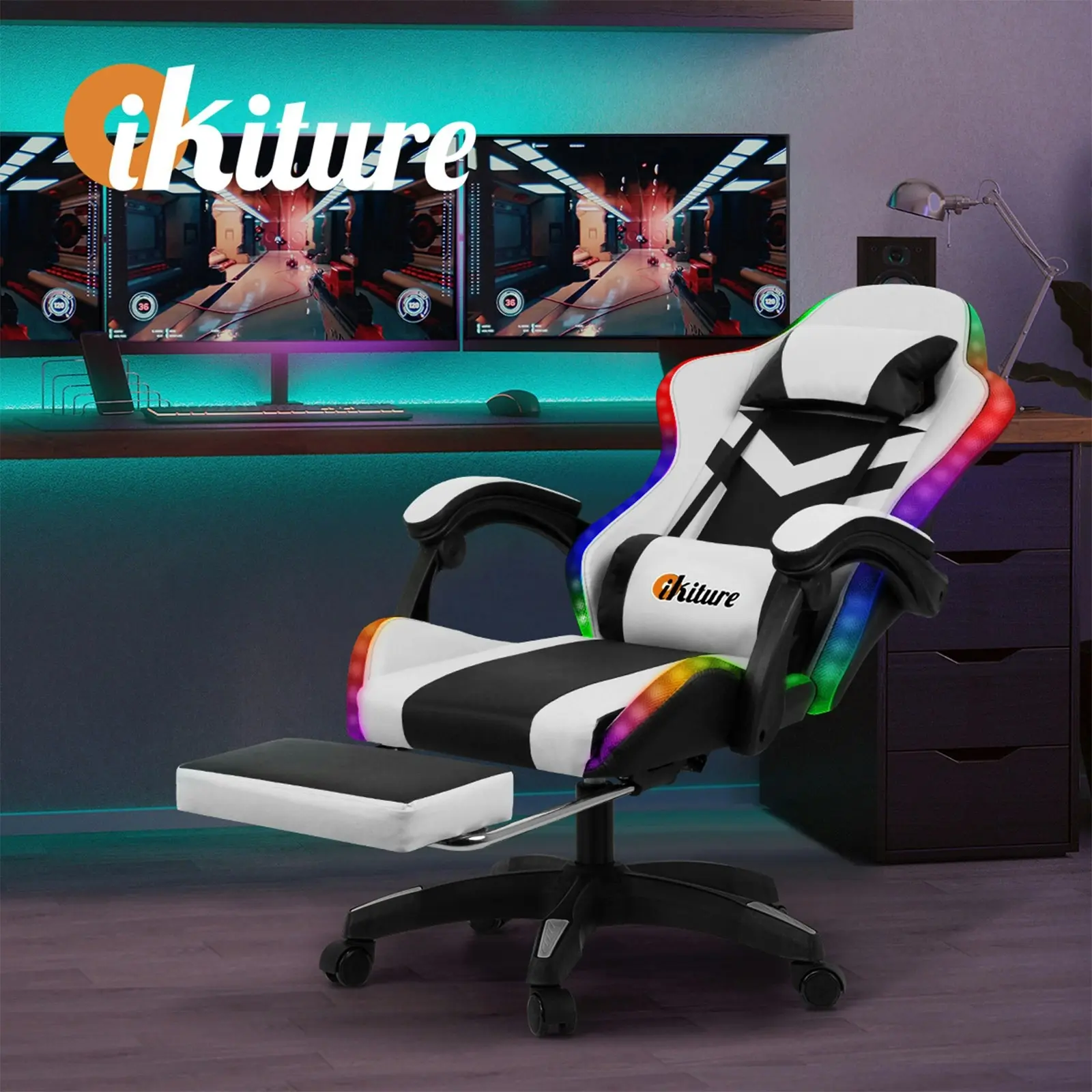 Oikiture Gaming Office Chair Massage Racing RGB LED Recliner Computer Footrest