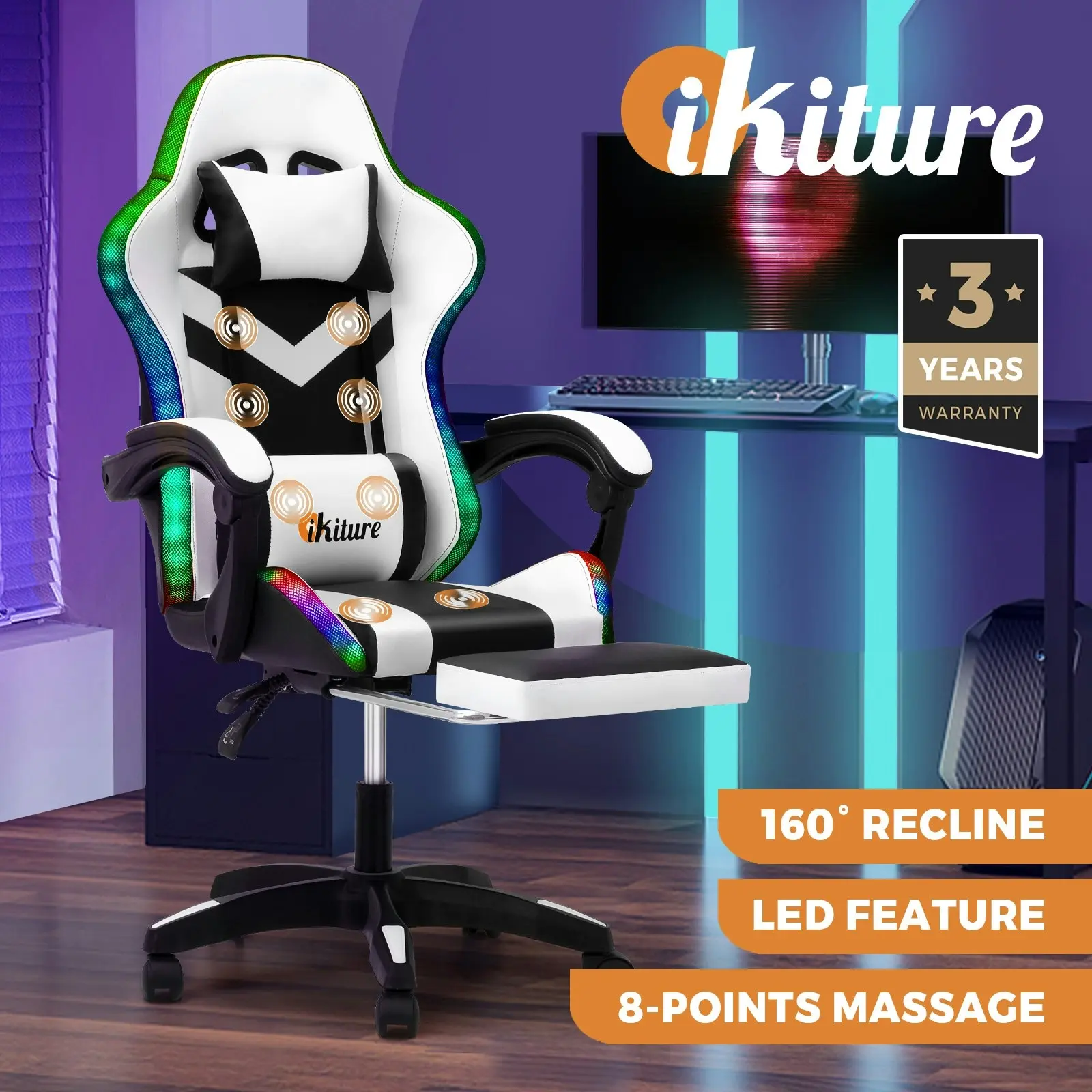 Oikiture Gaming Office Chair Massage Racing RGB LED Recliner Computer Footrest