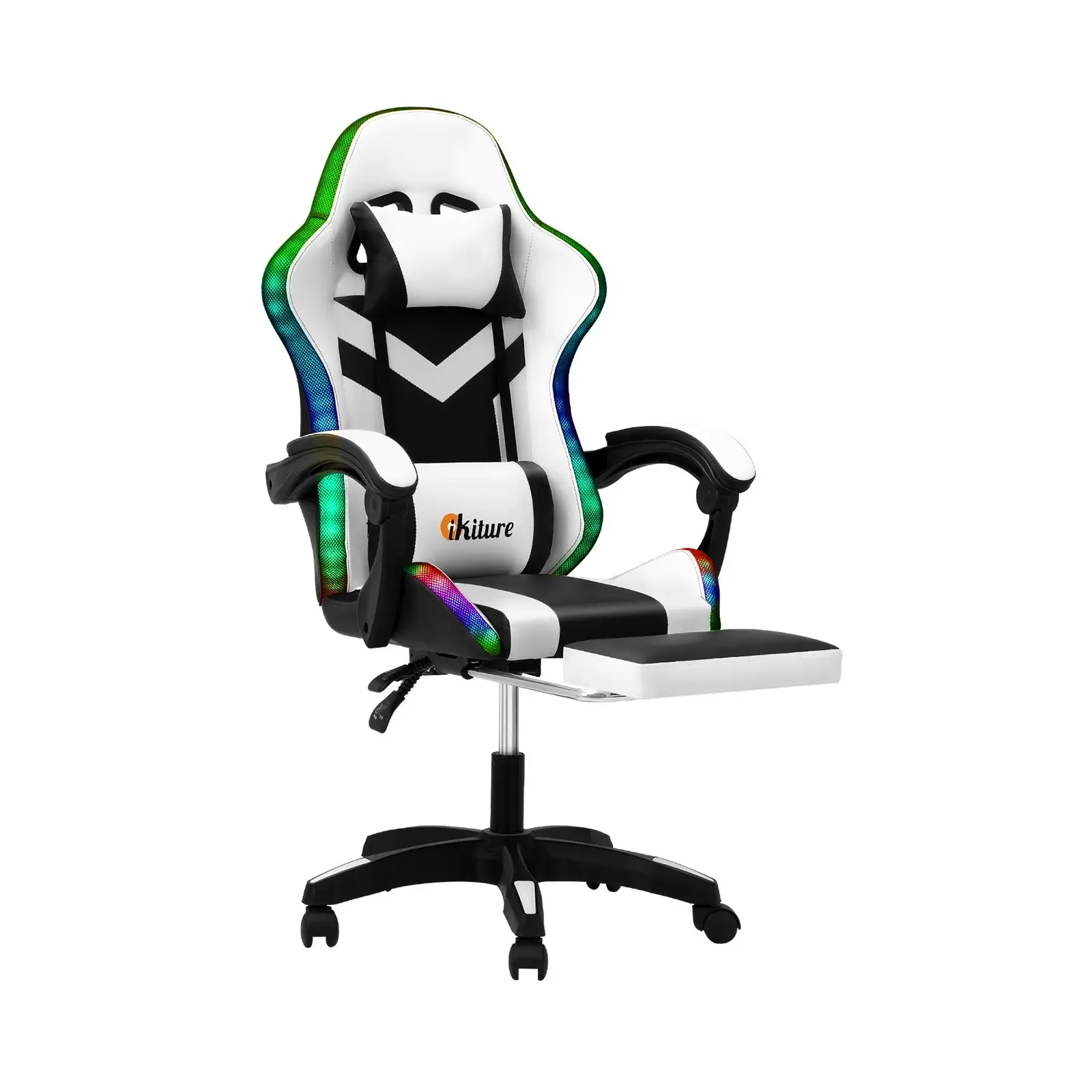 Oikiture Gaming Office Chair Massage Racing RGB LED Recliner Computer Footrest