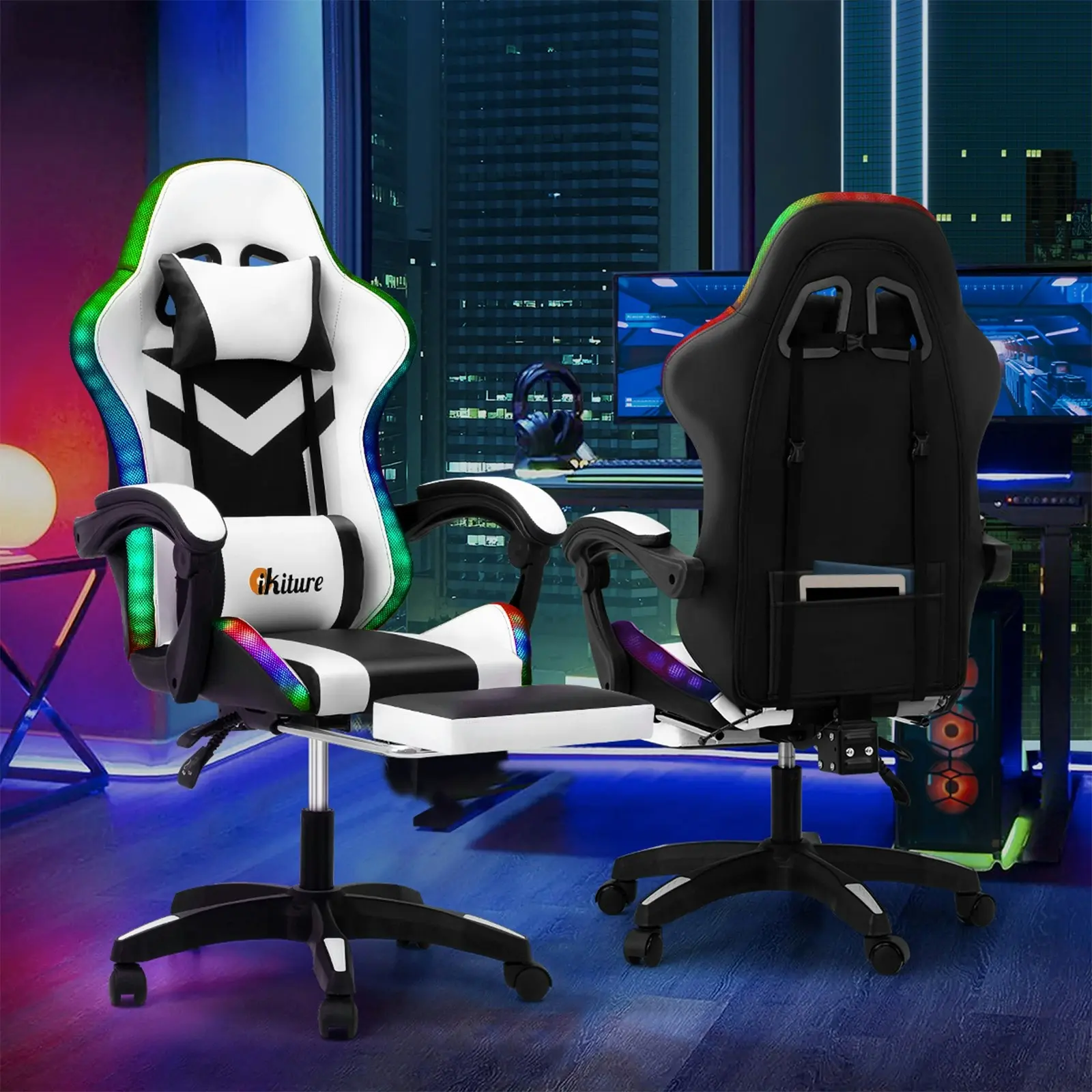 Oikiture Gaming Office Chair Massage Racing RGB LED Recliner Computer Footrest