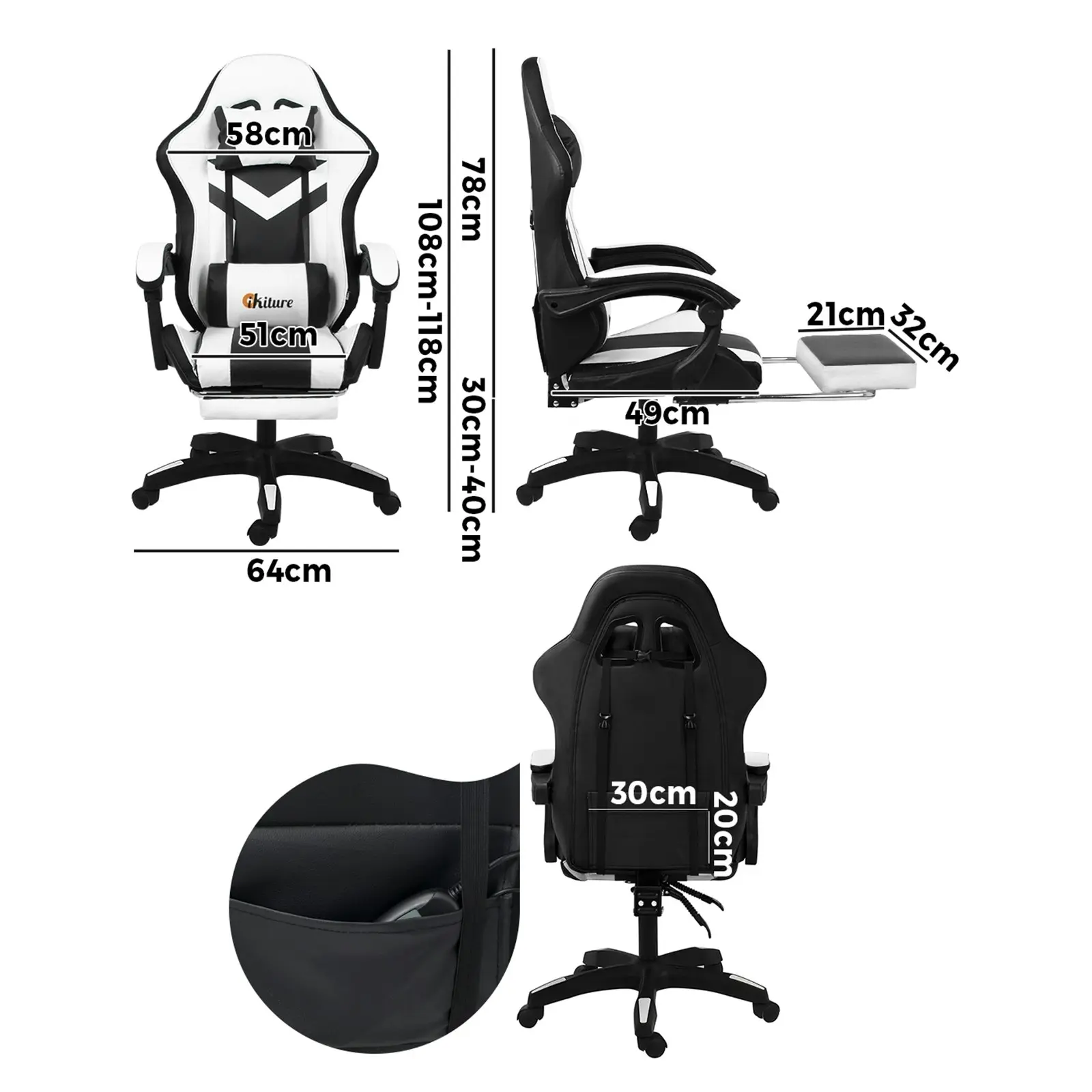 Oikiture Gaming Office Chair Massage Racing RGB LED Recliner Computer Footrest