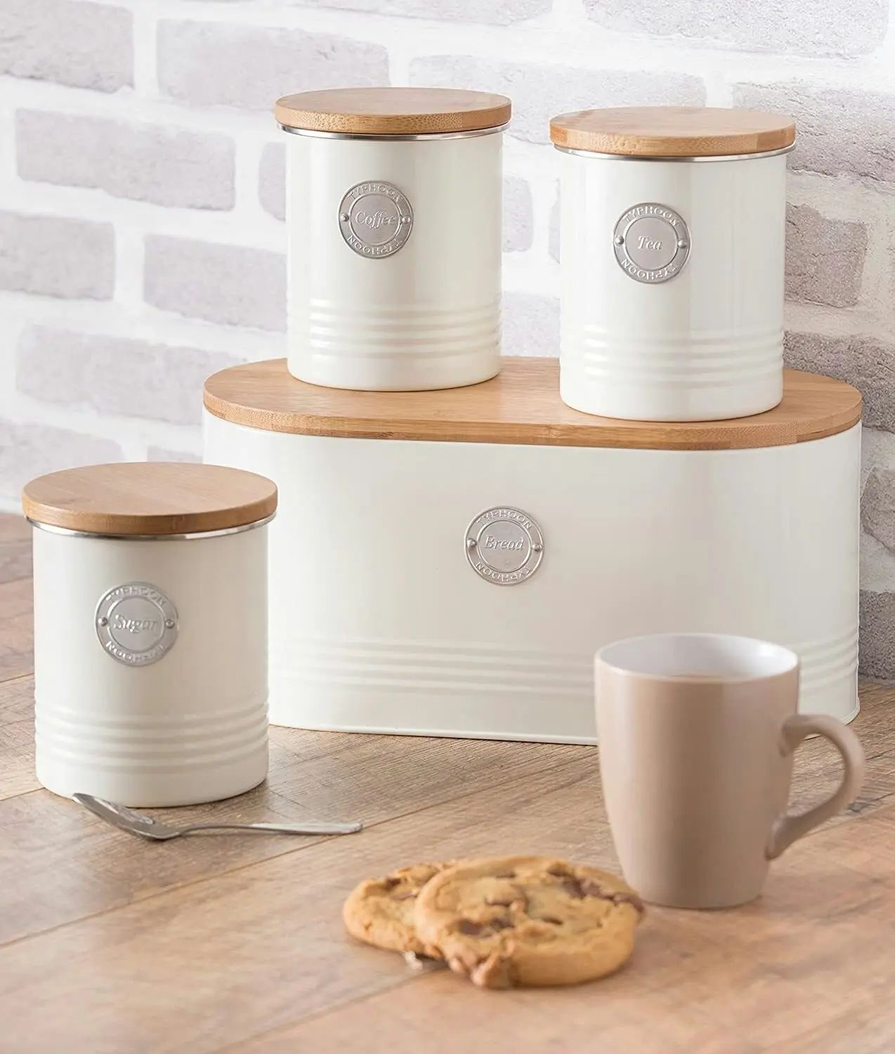 Typhoon 4Pc Living Otto Cream Kitchen Tea/Coffee/Sugar Canister & Bread Bin Set