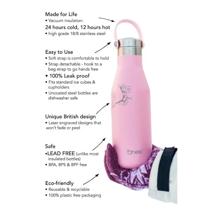 Ohelo 500ml Double Walled Insulated Drink Bottle With Etched Blossoms - Pink