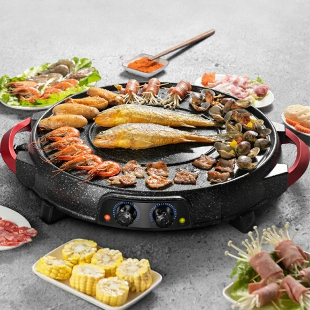 Soga 2 in 1 Electric Stone Coated Teppanyaki Grill Plate Steamboat Hotpot