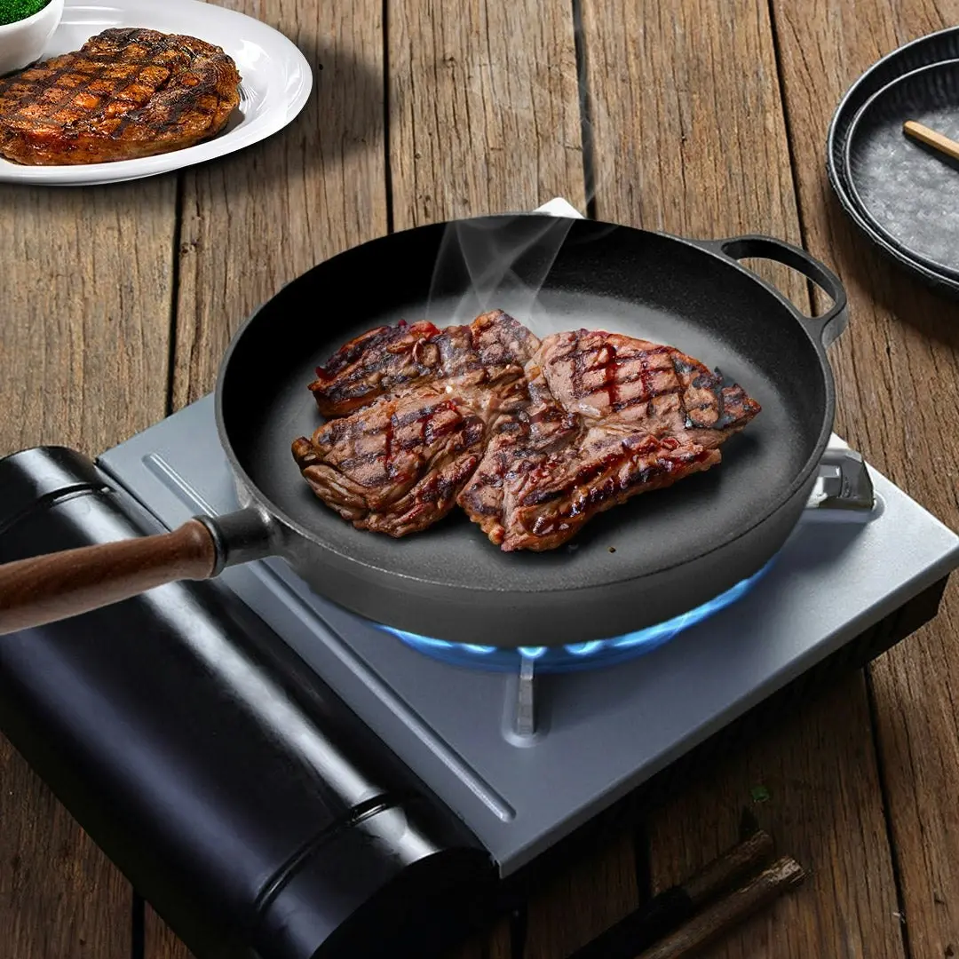 Soga 29cm Round Cast Iron Frying Pan Skillet Steak Sizzle Platter with Helper Handle