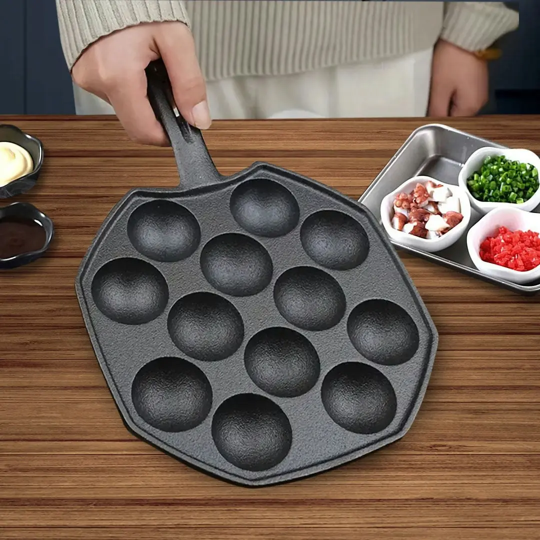 Soga 18CM Cast Iron Takoyaki Fry Pan Octopus Balls Maker 12 Hole Cavities Grill Mold