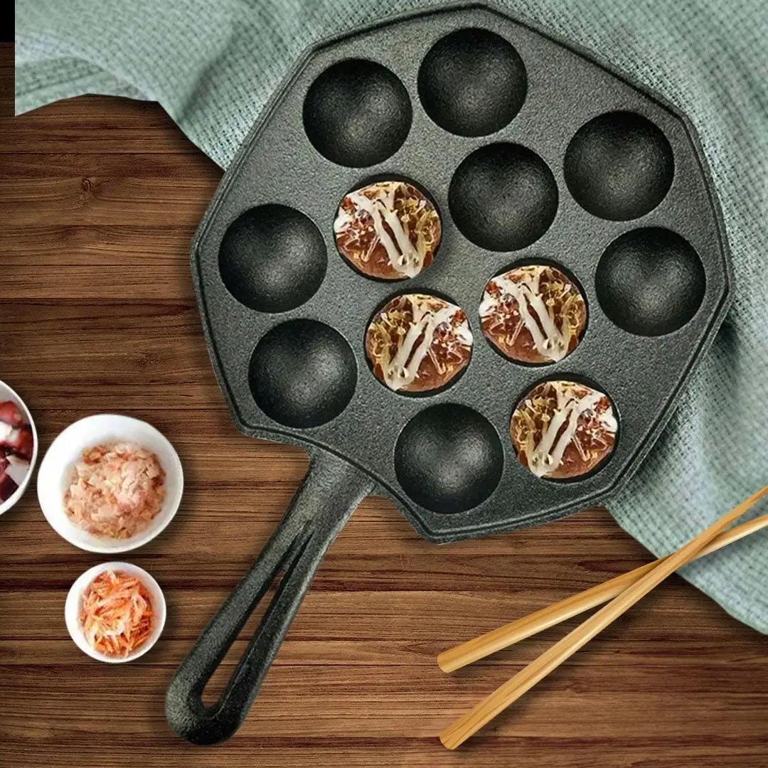 Soga 18CM Cast Iron Takoyaki Fry Pan Octopus Balls Maker 12 Hole Cavities Grill Mold