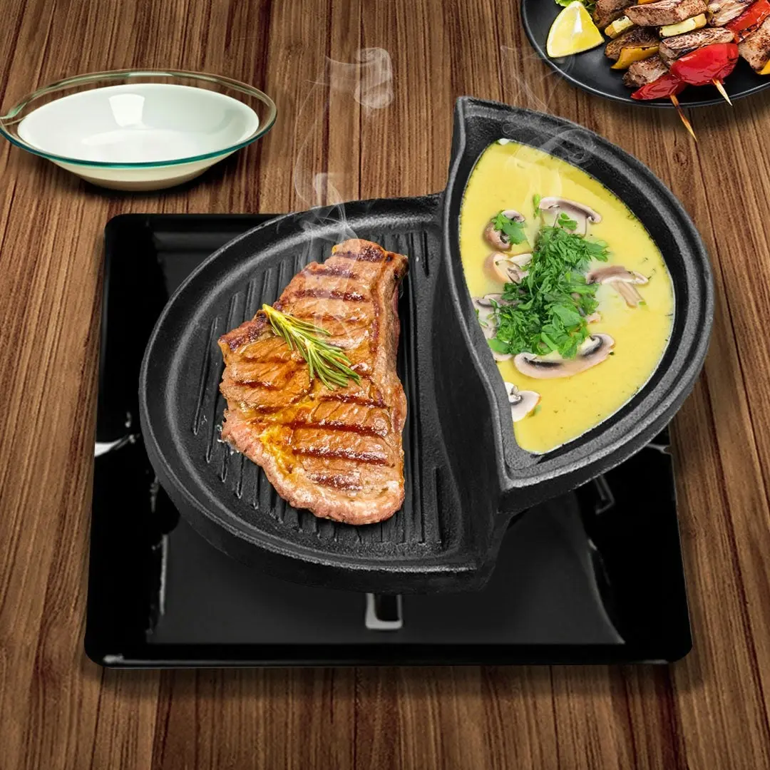 Soga 2 in 1 Cast Iron Ribbed Fry Pan Skillet Griddle BBQ and Steamboat Hot Pot