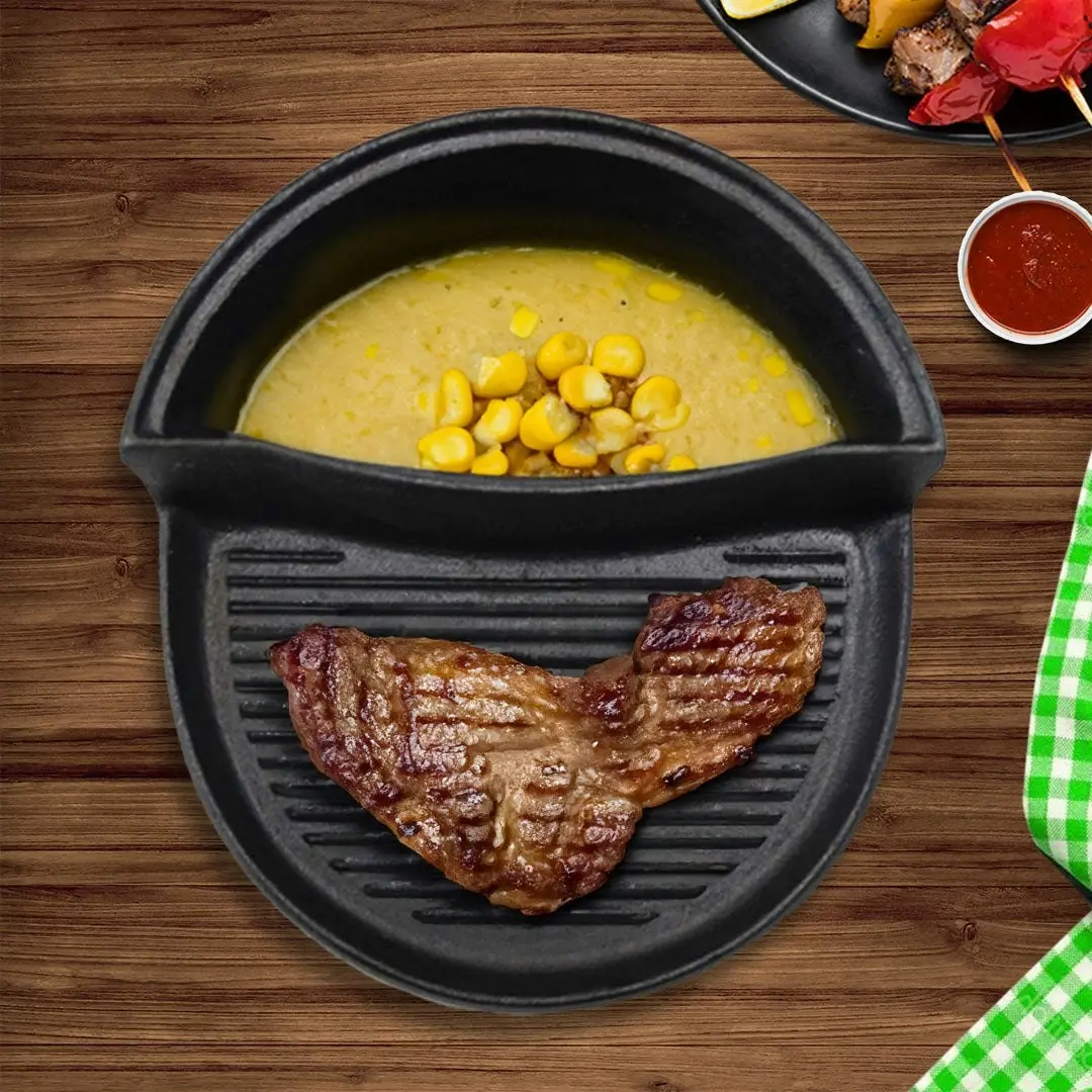 Soga 2 in 1 Cast Iron Ribbed Fry Pan Skillet Griddle BBQ and Steamboat Hot Pot