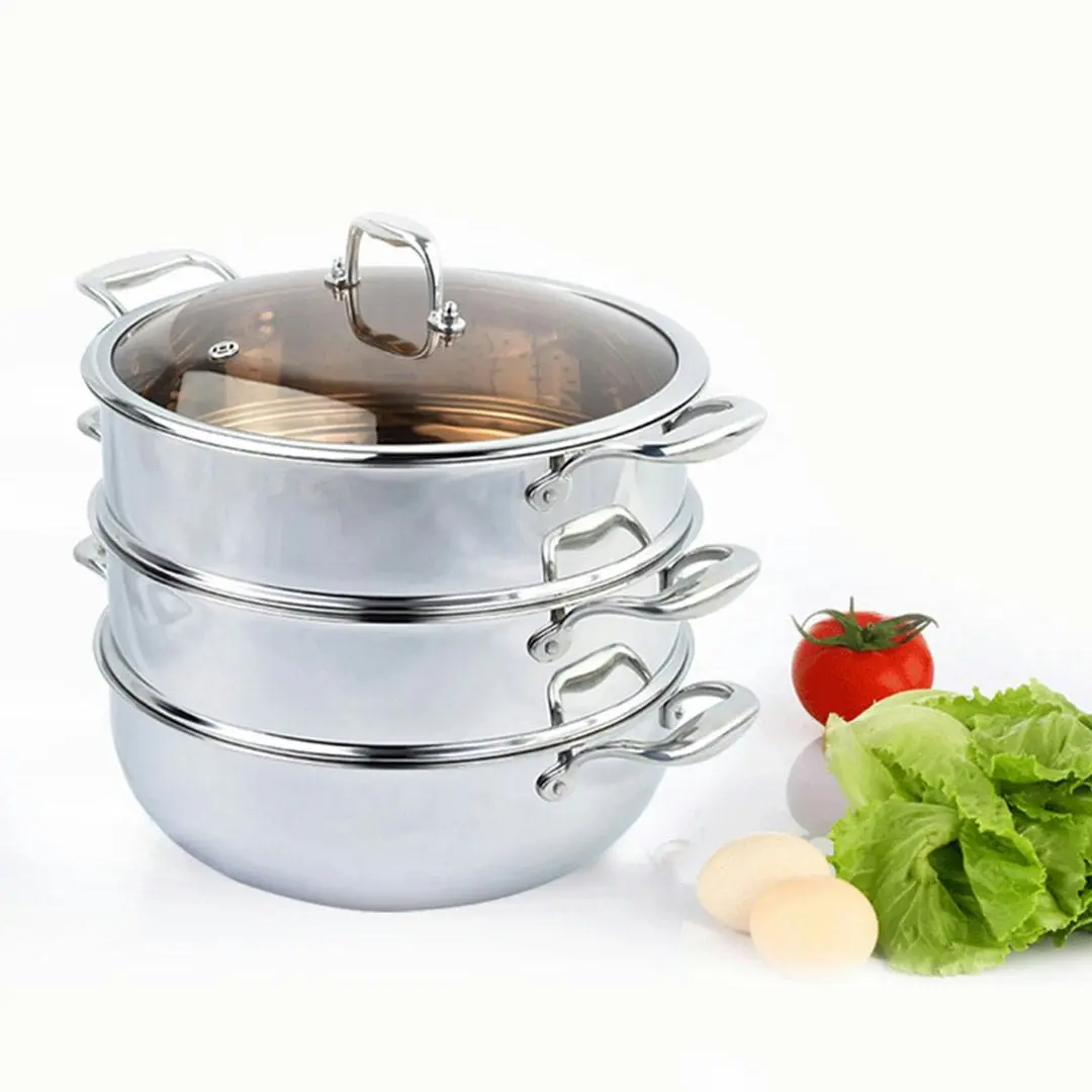 Soga 3 Tier 30cm Heavy Duty Stainless Steel Food Steamer Vegetable Pot Stackable Pan Insert with Glass Lid