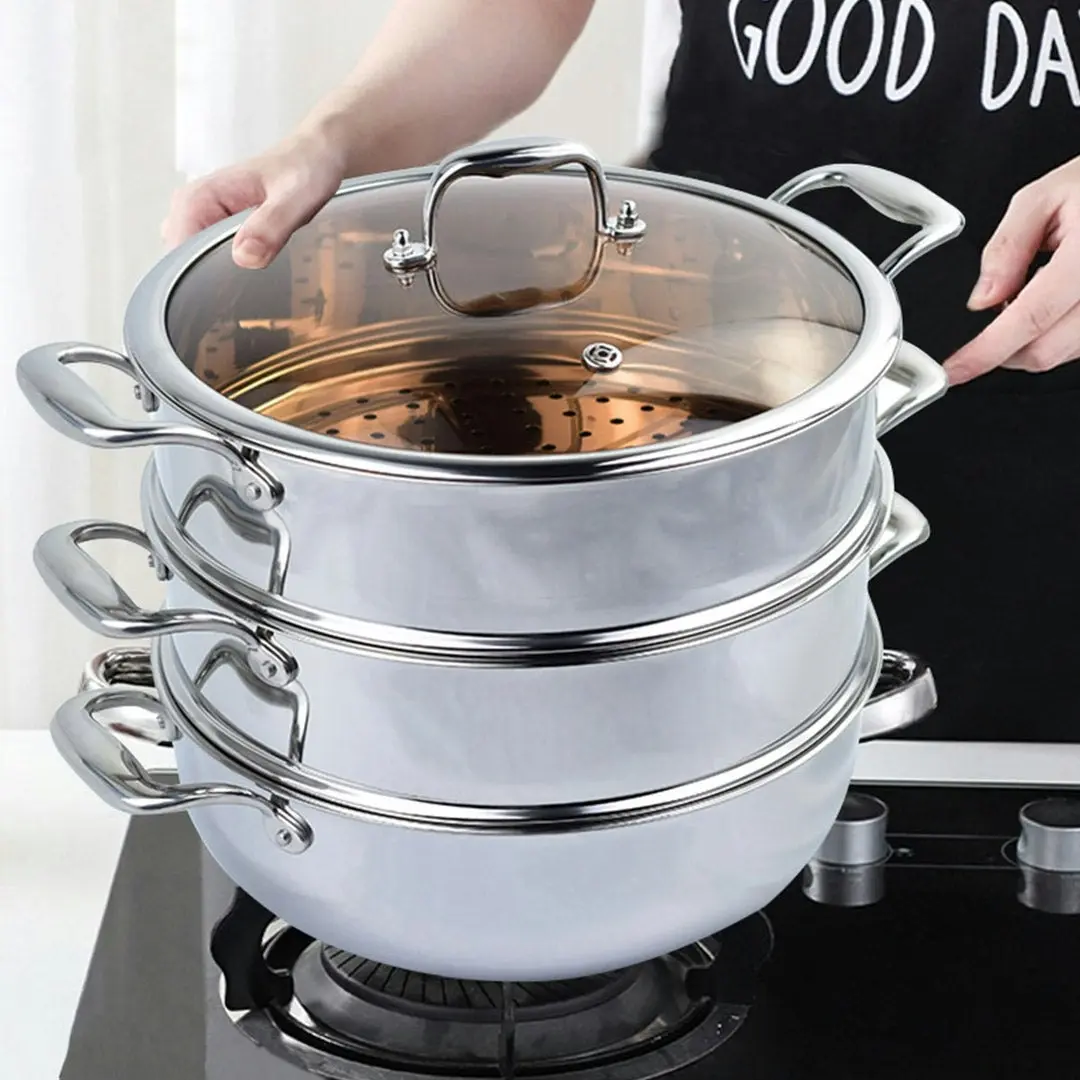 Soga 3 Tier 30cm Heavy Duty Stainless Steel Food Steamer Vegetable Pot Stackable Pan Insert with Glass Lid