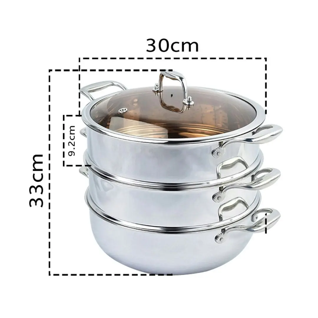 Soga 3 Tier 30cm Heavy Duty Stainless Steel Food Steamer Vegetable Pot Stackable Pan Insert with Glass Lid