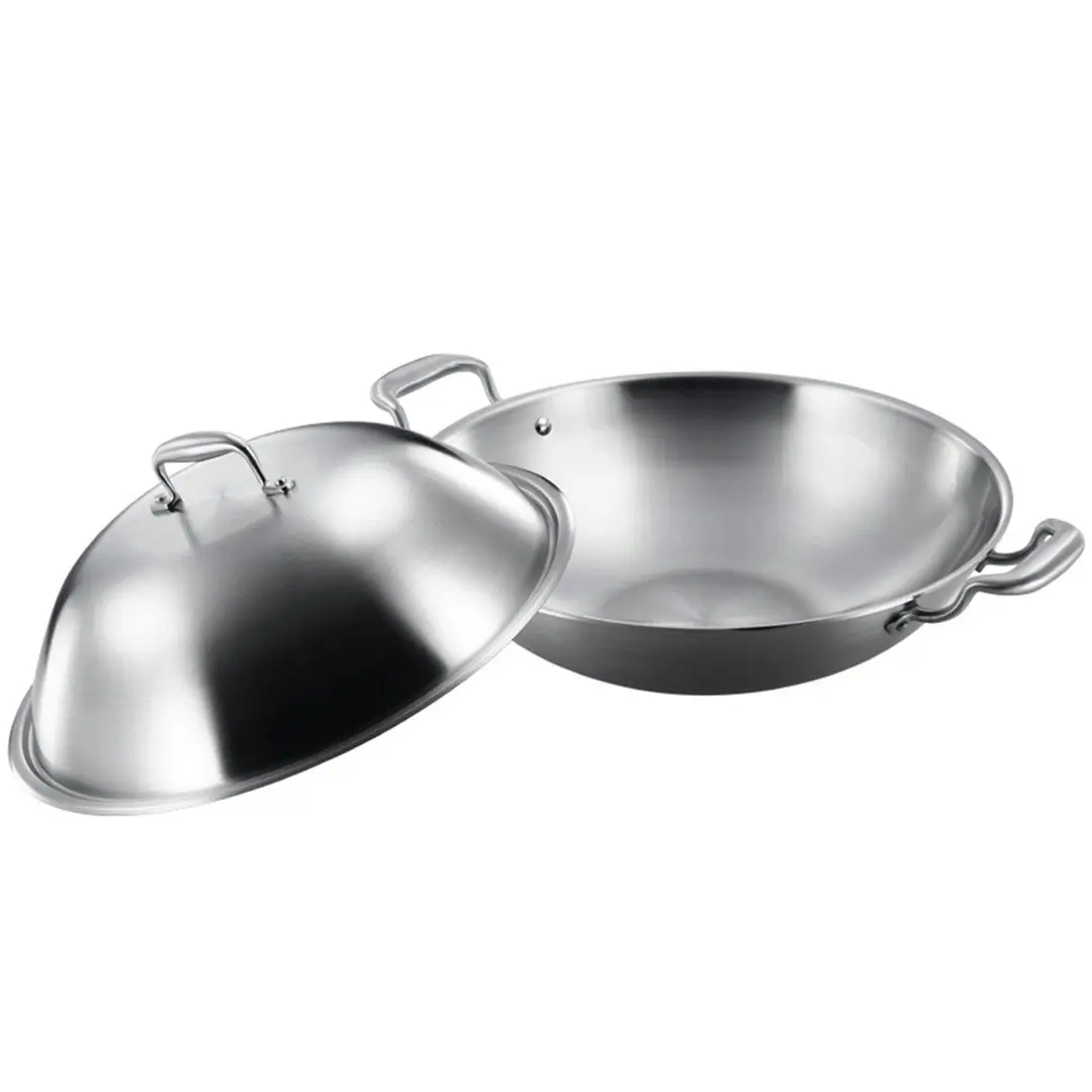 Soga 3-Ply 38cm Stainless Steel Double Handle Wok Frying Fry Pan Skillet with Lid