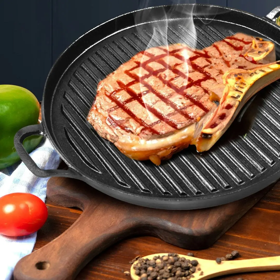 Soga 30cm Ribbed Cast Iron Frying Pan Skillet Coating Steak Sizzle Platter