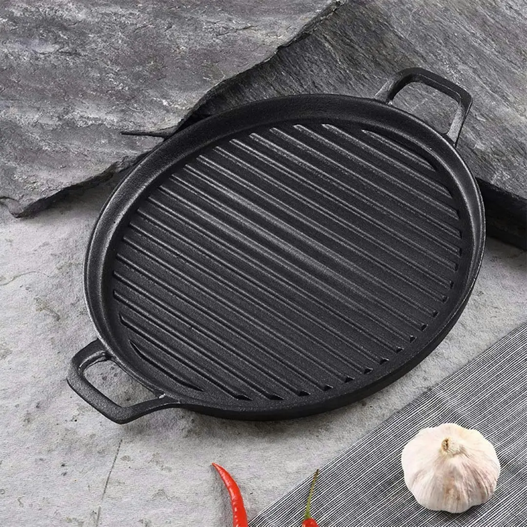 Soga 30cm Ribbed Cast Iron Frying Pan Skillet Coating Steak Sizzle Platter