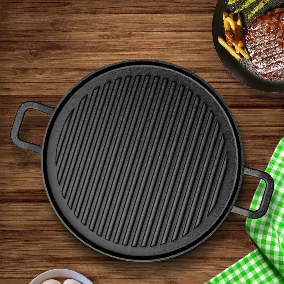 Soga 30cm Ribbed Cast Iron Frying Pan Skillet Coating Steak Sizzle Platter