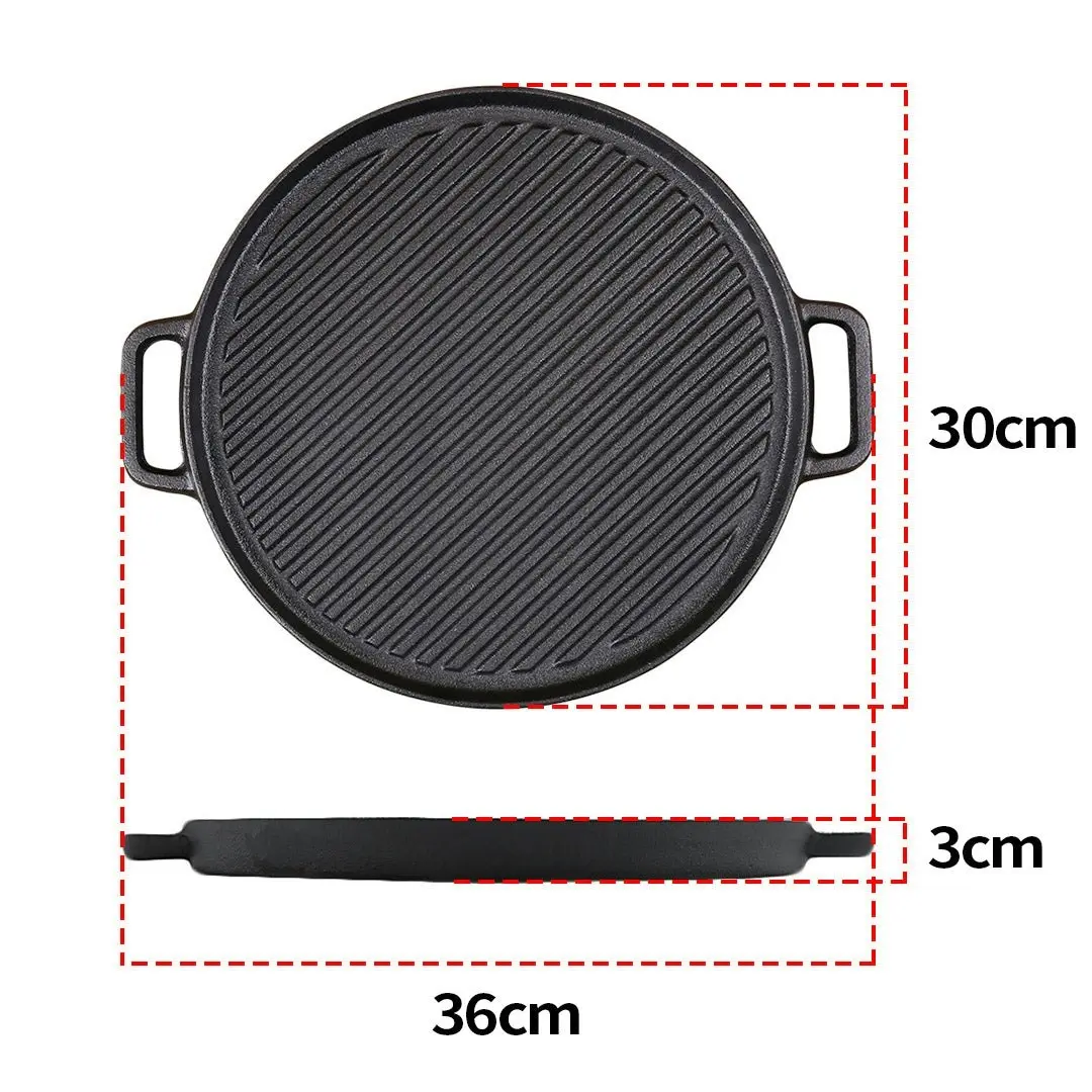 Soga 30cm Round Cast Iron Ribbed BBQ Pan Skillet Steak Sizzle Platter with Handle