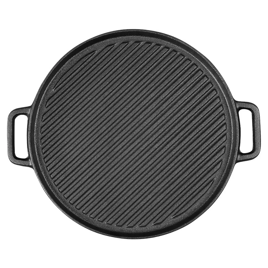 Soga 30cm Round Cast Iron Ribbed BBQ Pan Skillet Steak Sizzle Platter with Handle