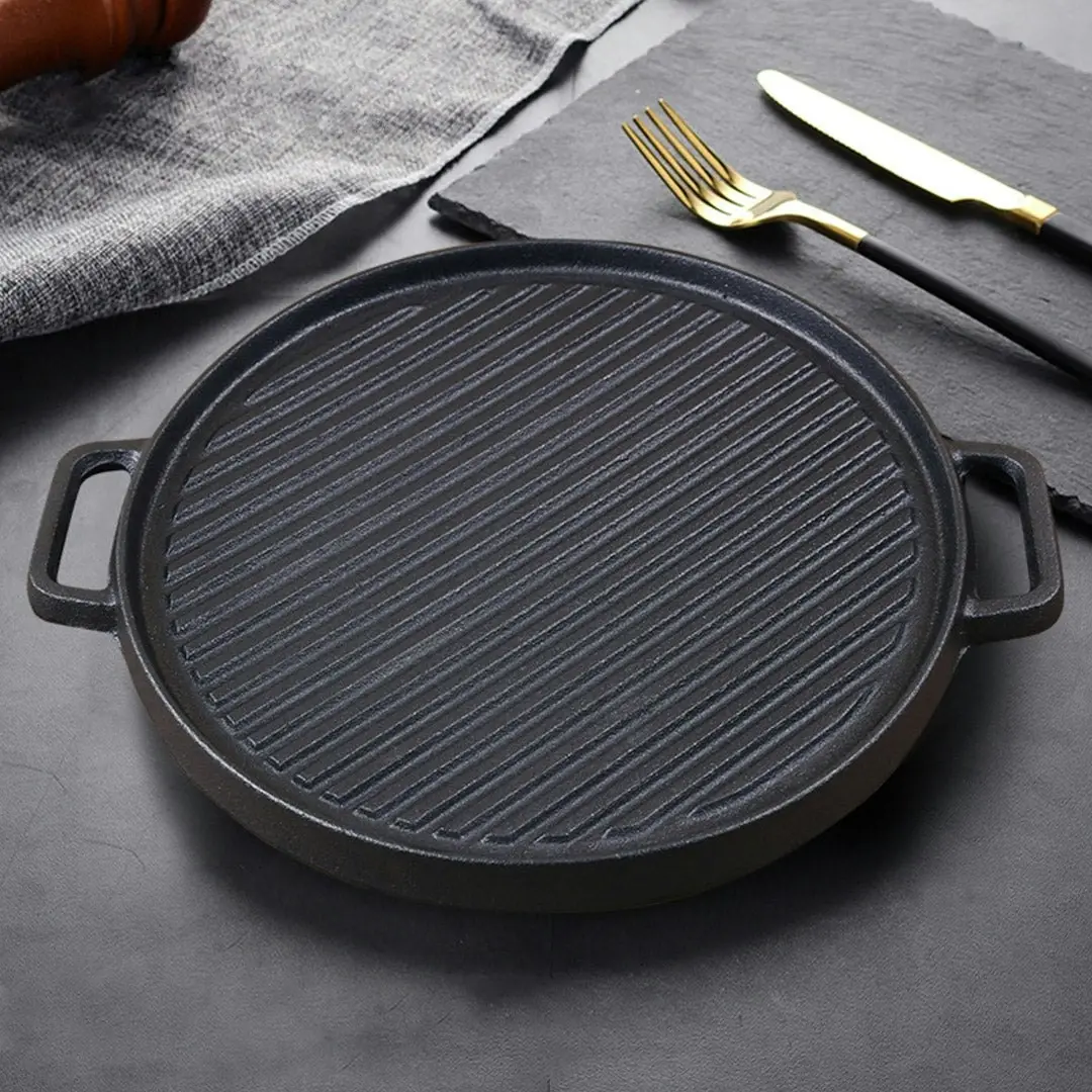 Soga 30cm Round Cast Iron Ribbed BBQ Pan Skillet Steak Sizzle Platter with Handle