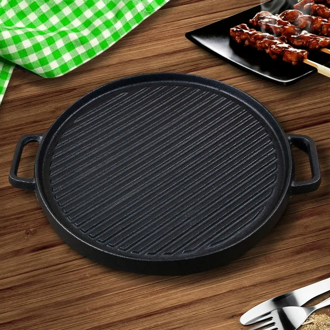 Soga 30cm Round Cast Iron Ribbed BBQ Pan Skillet Steak Sizzle Platter with Handle