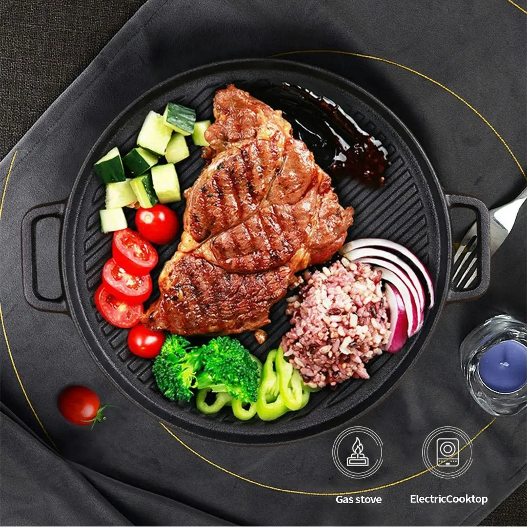 Soga 30cm Round Cast Iron Ribbed BBQ Pan Skillet Steak Sizzle Platter with Handle